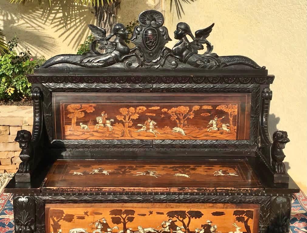 Renaissance Revival Renaissance Style Blackened Wood and Marquetry Chest Bench, 19th Century For Sale