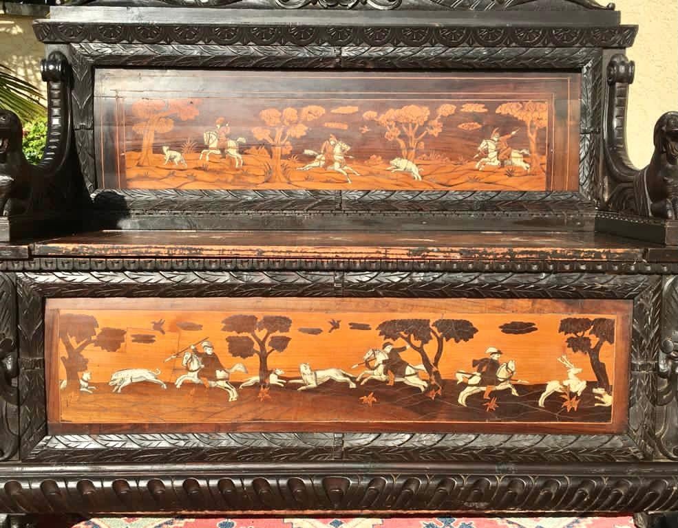 Renaissance Style Blackened Wood and Marquetry Chest Bench, 19th Century In Good Condition For Sale In Beaune, FR