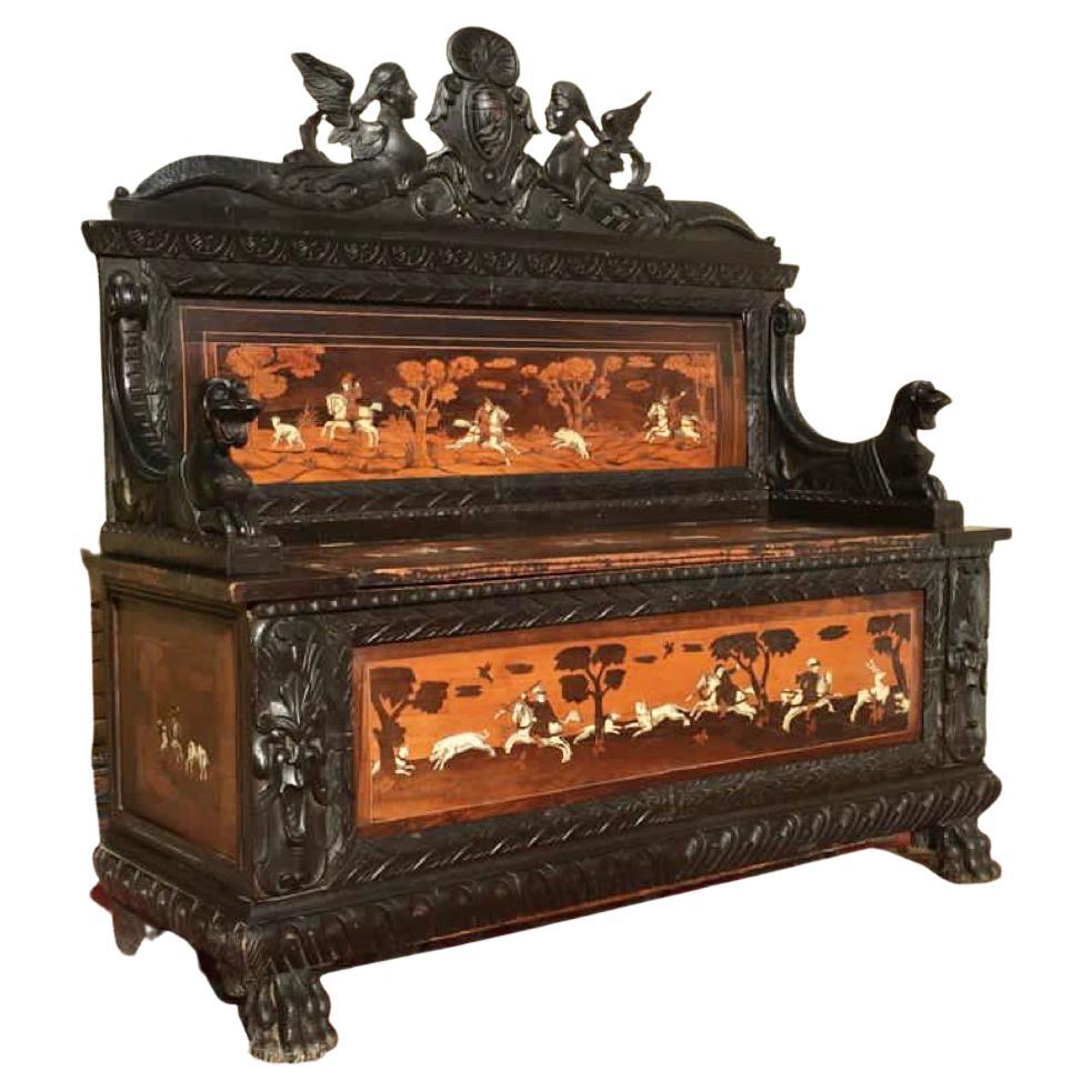 Renaissance Style Blackened Wood and Marquetry Chest Bench, 19th Century