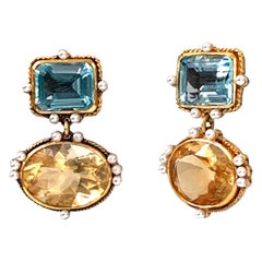 Renaissance Style Blue Topaz Citrine and Pearl Gilded Sterling Silver Earrings