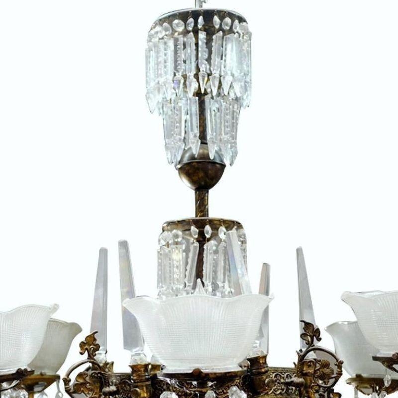 Renaissance Style Brass and Crystal Gas Style Chandelier In Excellent Condition In Van Nuys, CA