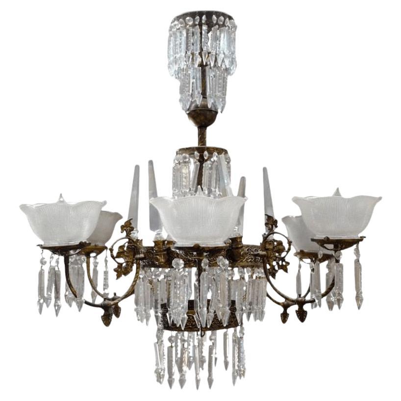 Renaissance Style Brass and Crystal Gas Style Chandelier