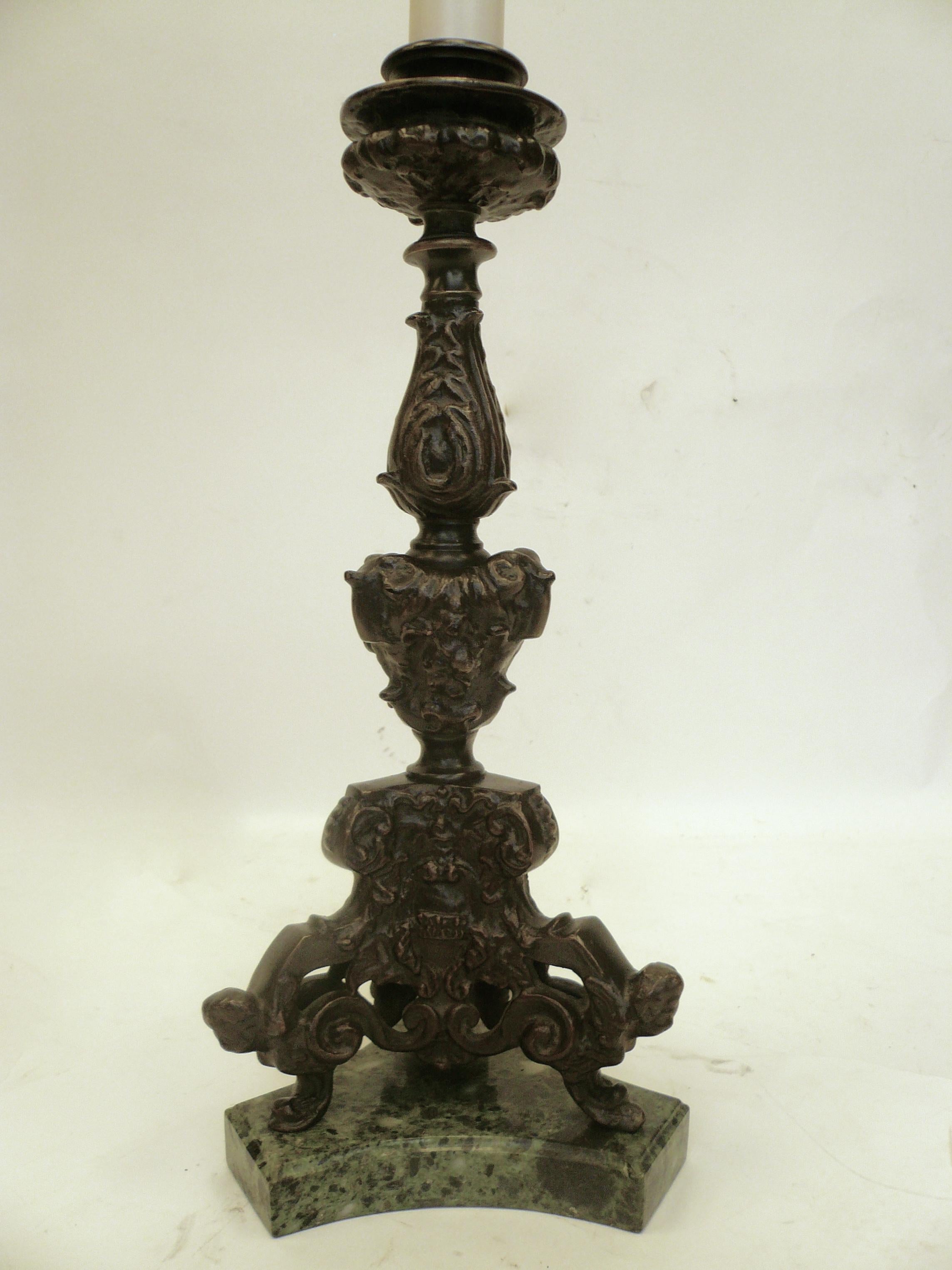 Renaissance Style Bronze and Marble Pricket Form Lamp In Good Condition In Pittsburgh, PA