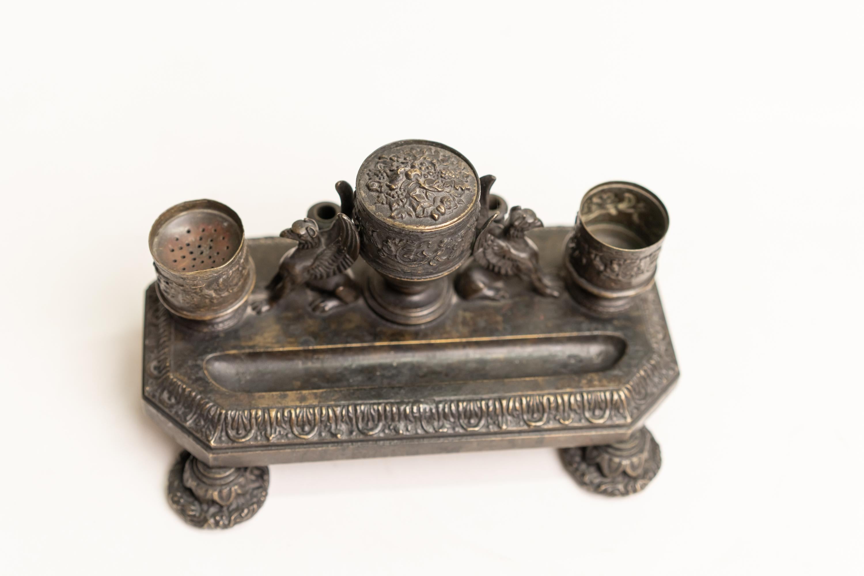 Renaissance Revival Renaissance Style Bronze Inkwell Decorated with Gryphons