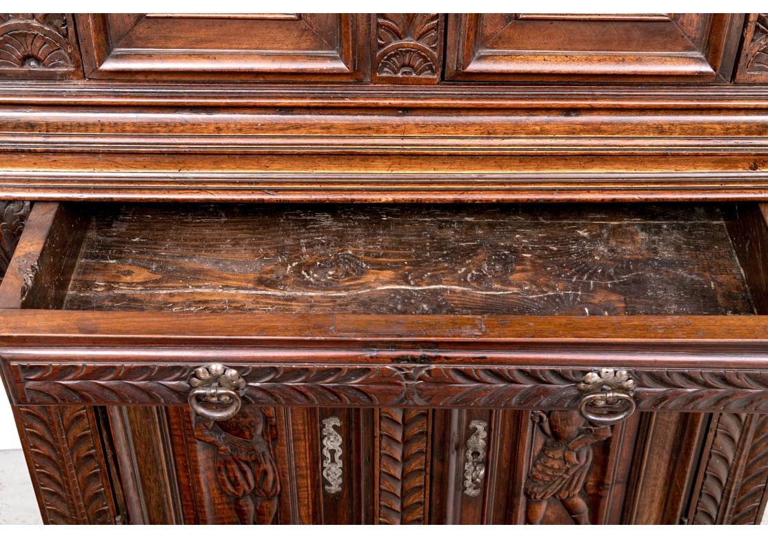 Renaissance Style Carved Oak Two Part Cabinet With Figural Panels For Sale 5