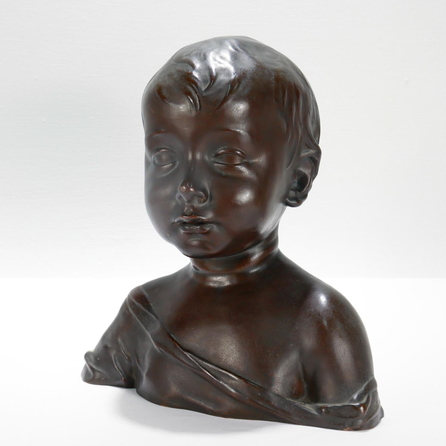 A very fine copy of the Renaissance sculpture entitled 'A Little Boy'.

After Italian Renaissance sculptor Desiderio da Settignano, or Desiderio de Bartolomeo di Francesco detto Ferro. 

In cast bronze.

Simply a wonderful bust!

Date:
20th