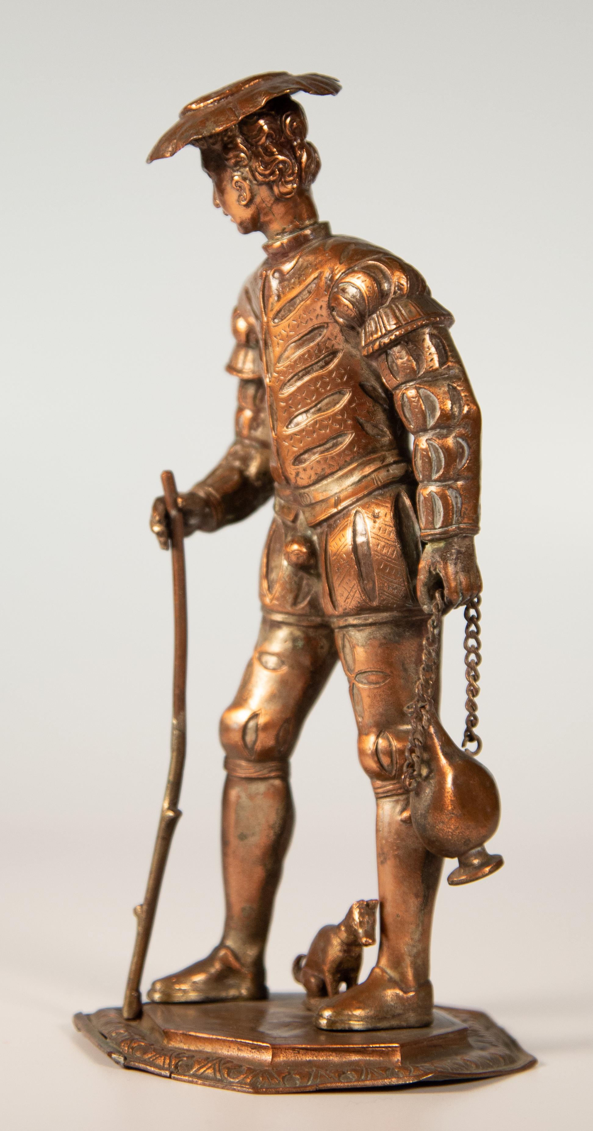 Italian Renaissance Style Copper Figure of a Pilgrim with a Small Dog, circa 1860 For Sale