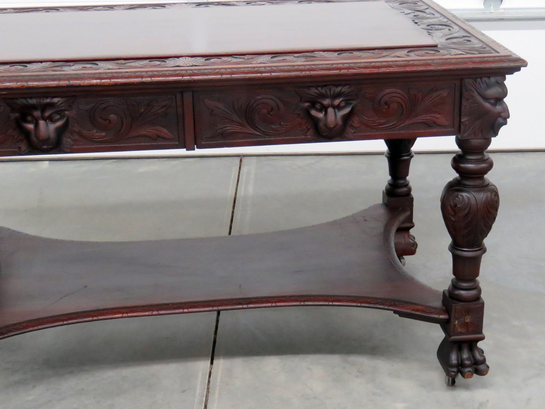 Renaissance Carved Figural RJ Horner Mahogany Writing Desk Table 