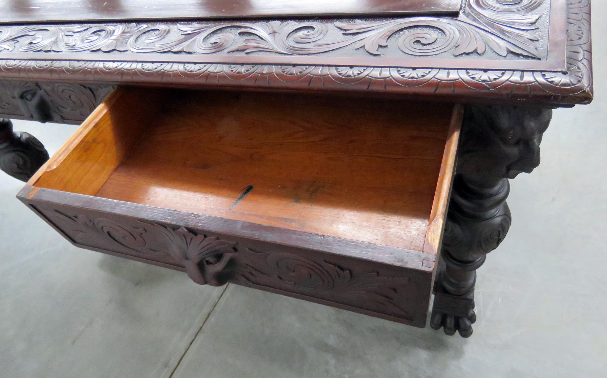 American Carved Figural RJ Horner Mahogany Writing Desk Table 