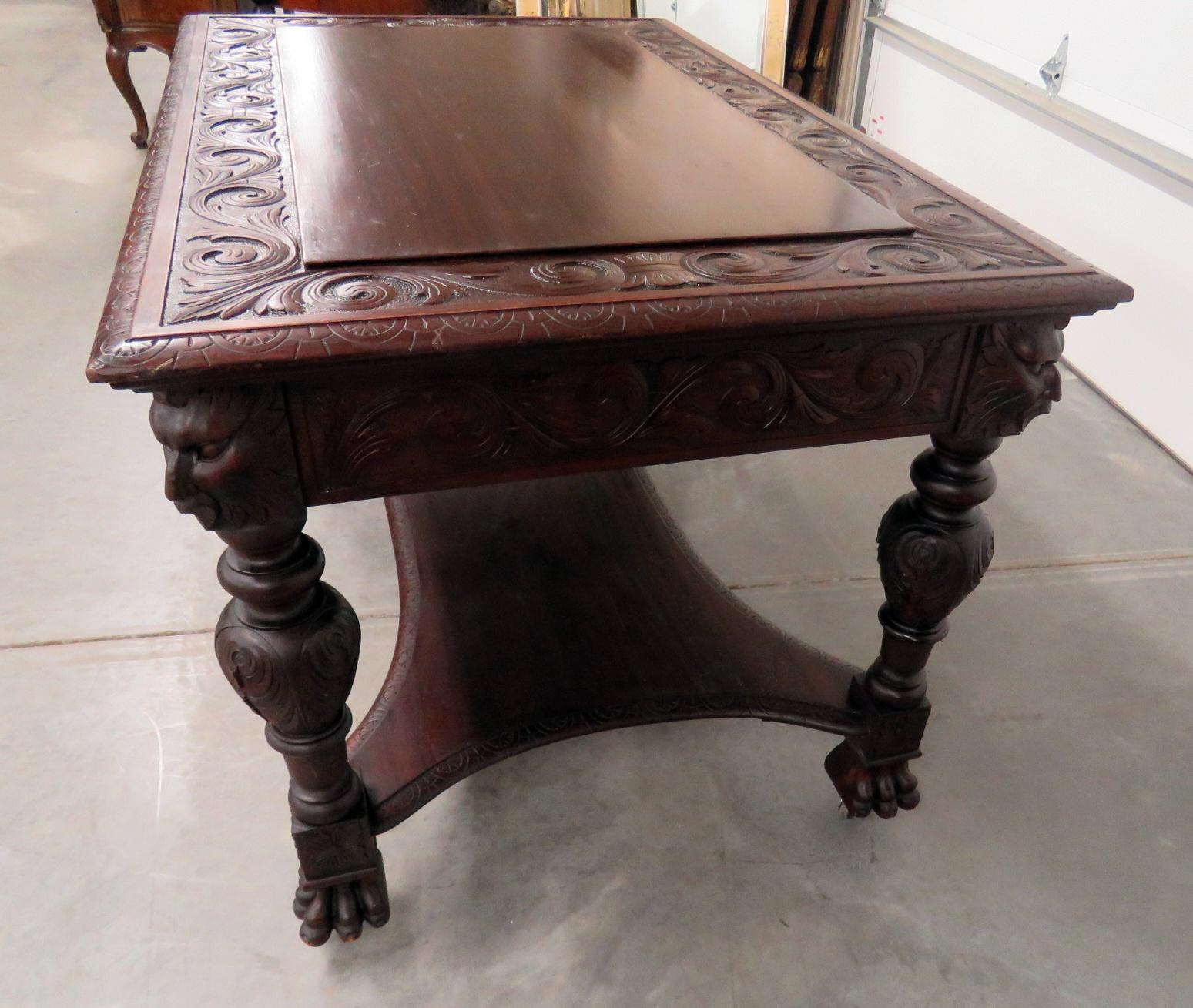 Carved Figural RJ Horner Mahogany Writing Desk Table  2