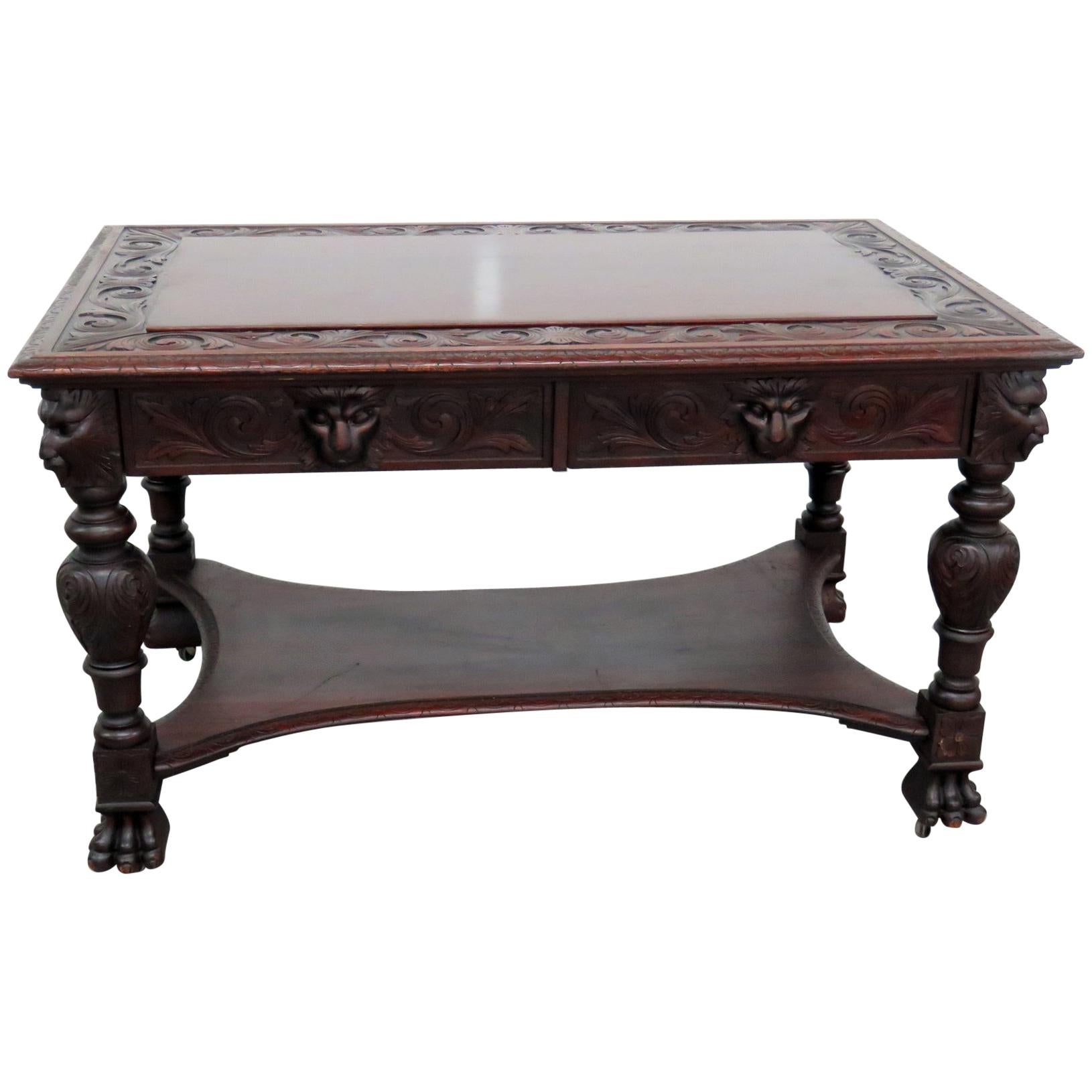 Carved Figural RJ Horner Mahogany Writing Desk Table 