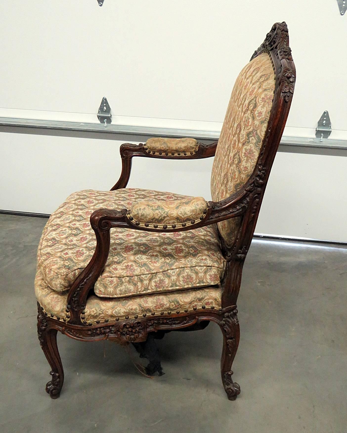 American Carved Walnut French Louis XV Open Armchair Parlor Chair