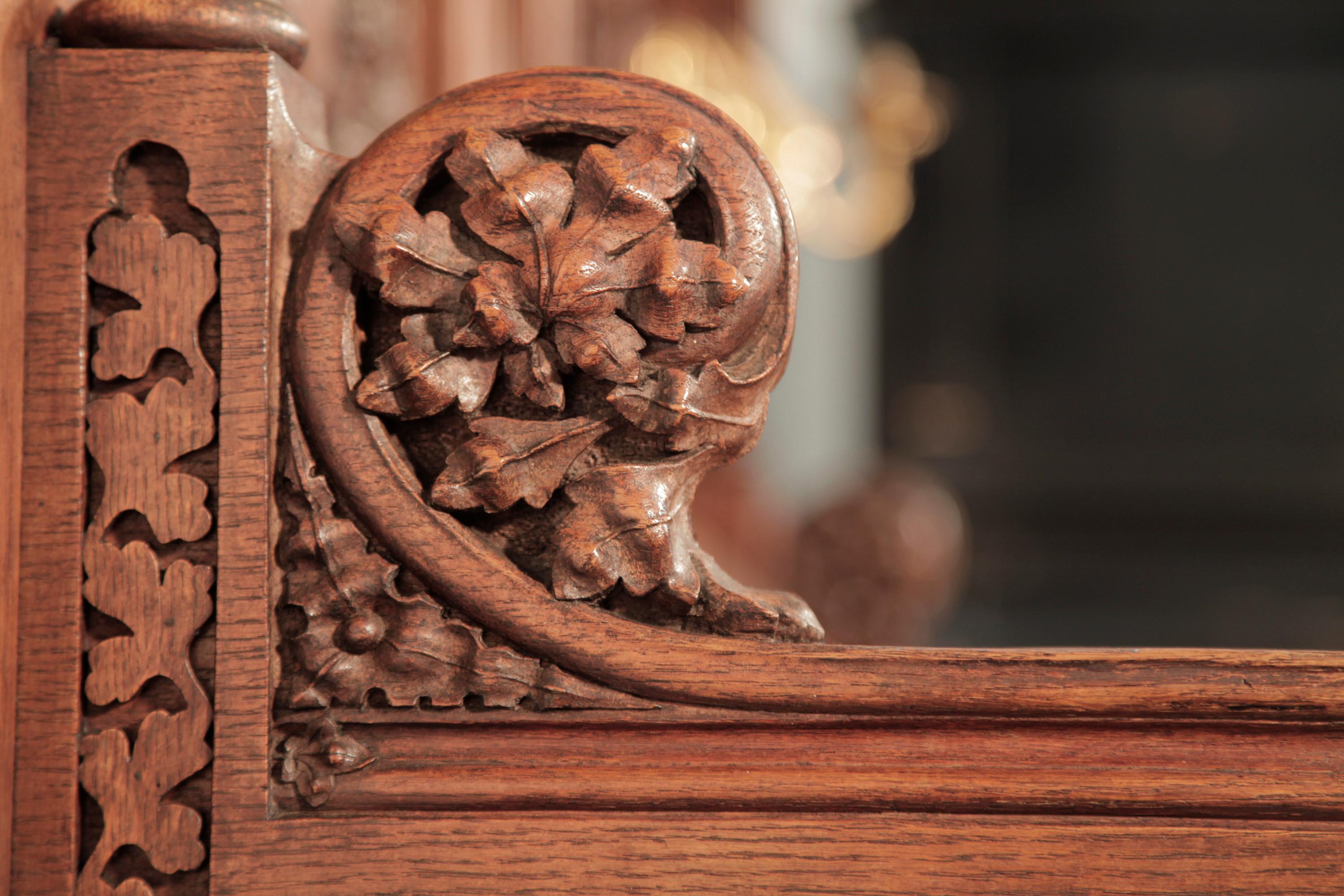 Brass Renaissance Style, Gebruder Knake Upright Piano Carved Oak High Relief For Sale