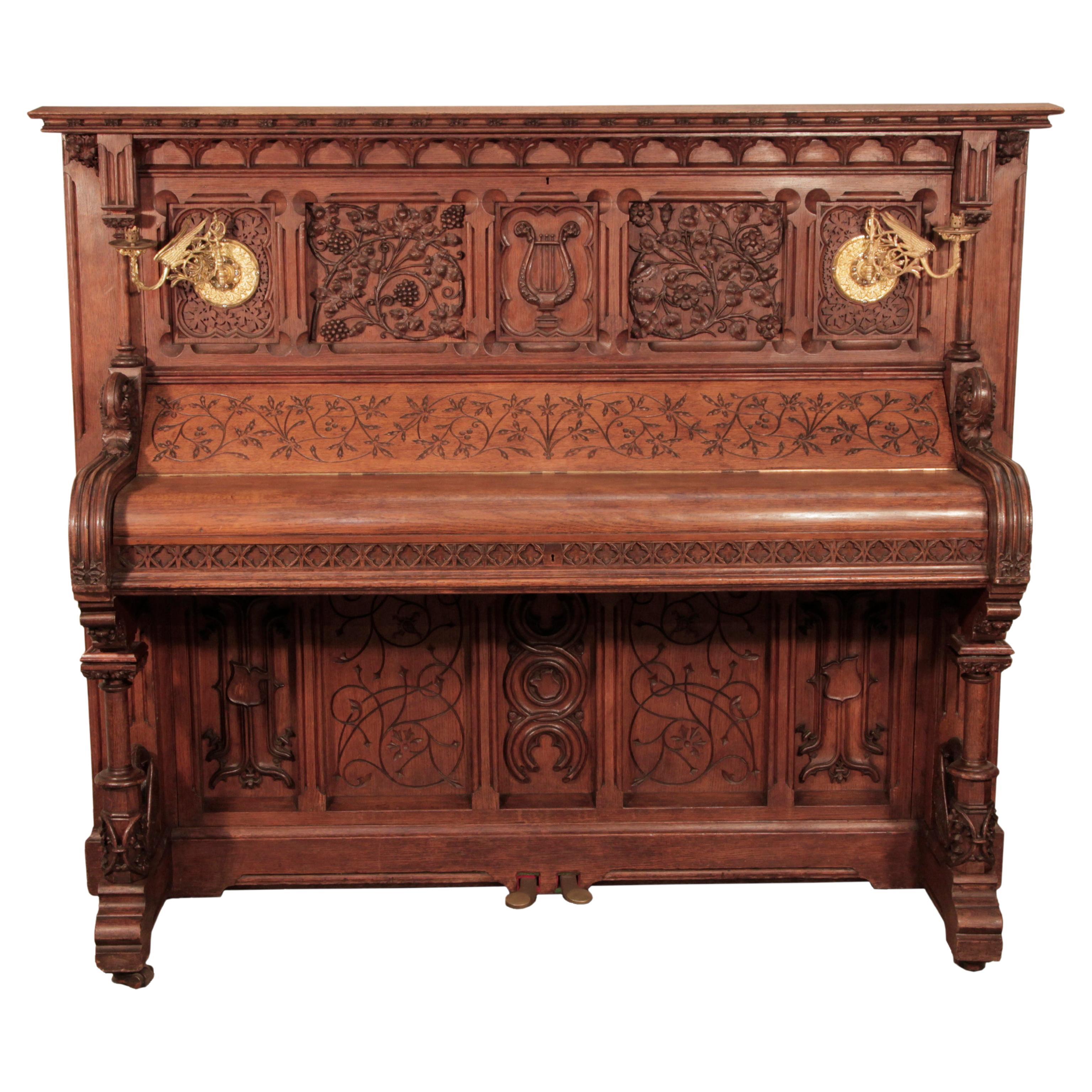 Renaissance Style, Gebruder Knake Upright Piano Carved Oak High Relief For Sale