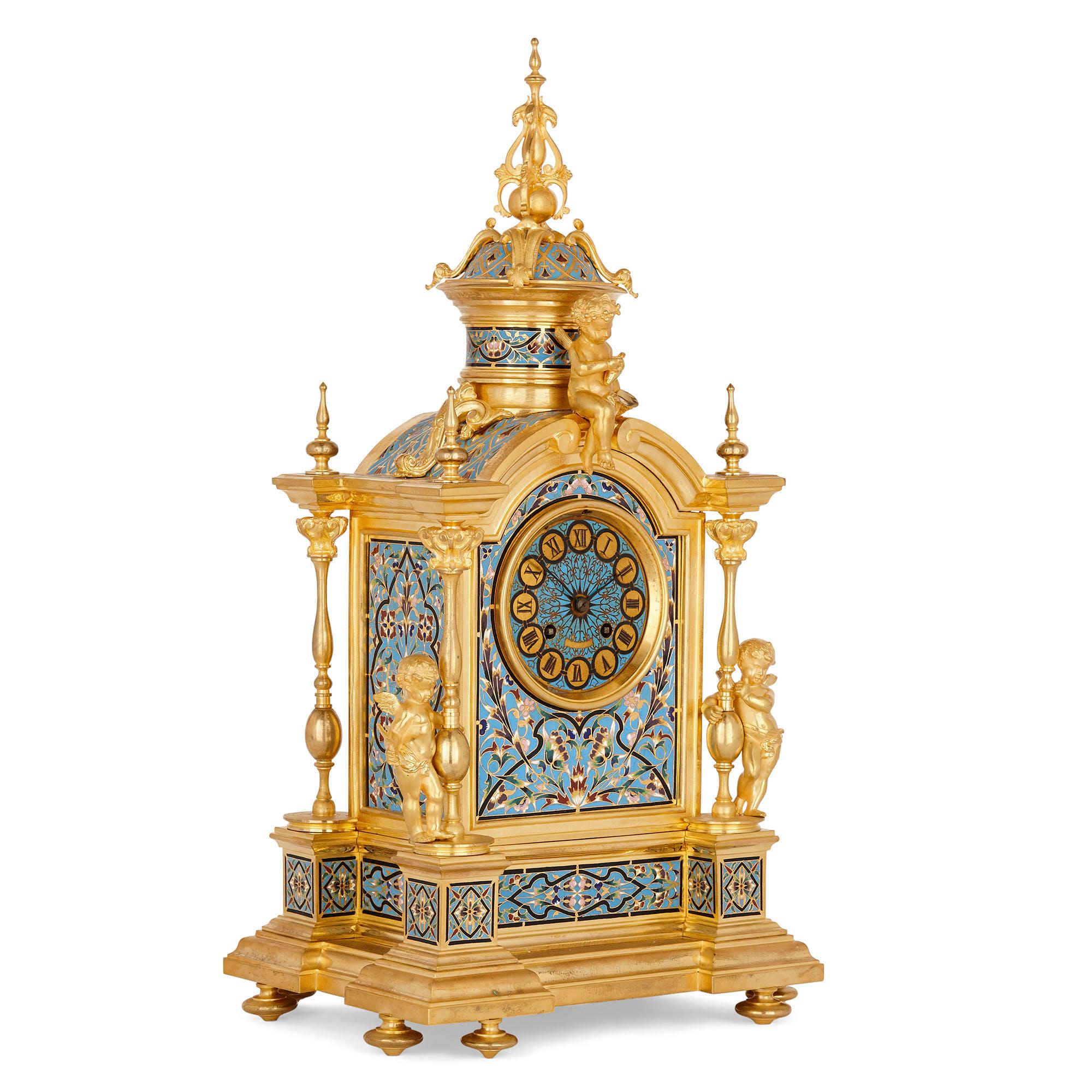 Renaissance style gilt bronze and enamel mantel clock
French, late 19th century
Measures: Height 53cm, width 28cm, depth 23cm

This exquisite mantel clock is crafted in the idiosyncratic Renaissance Revival style that found its fullest
