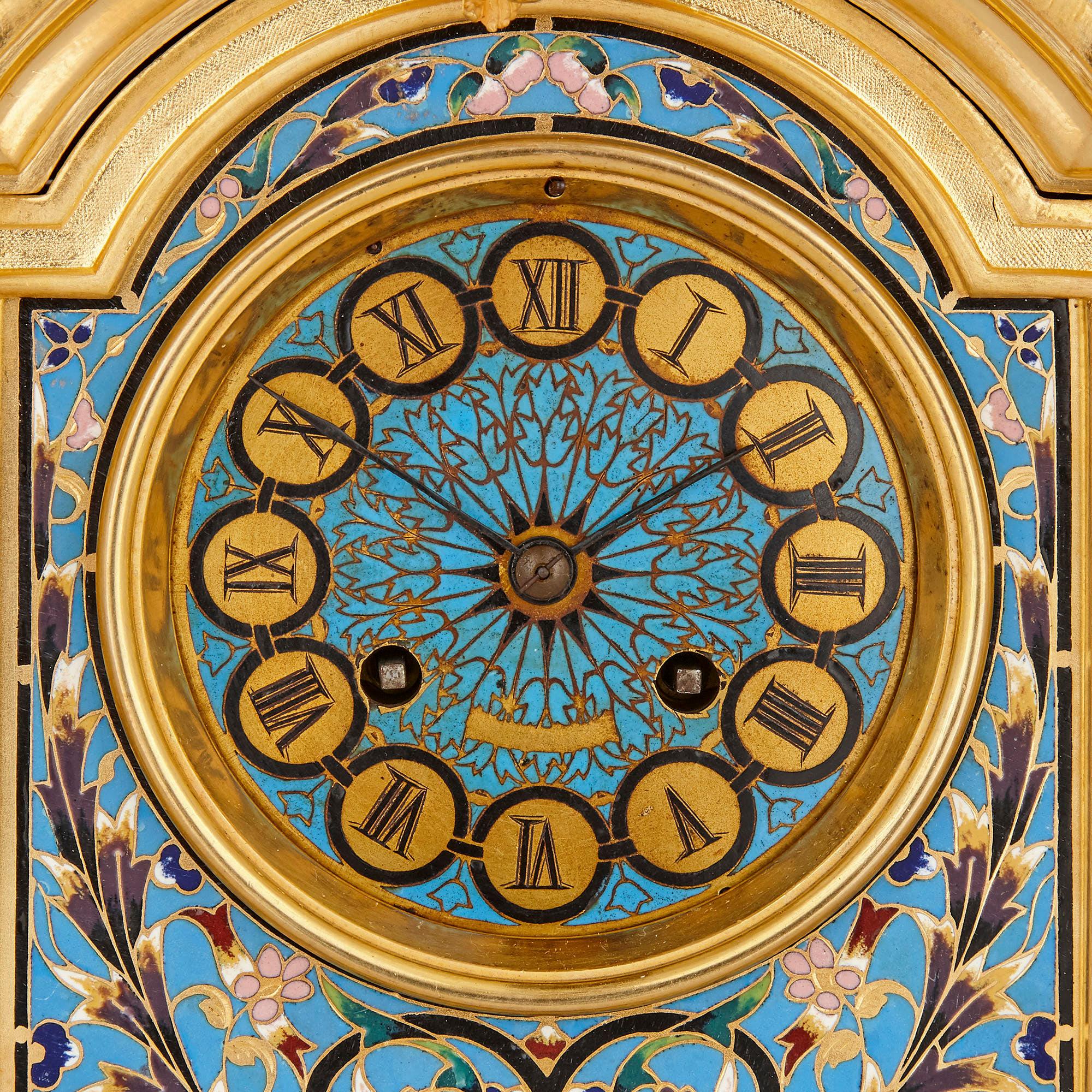 Renaissance Revival Renaissance Style Gilt Bronze and Enamel Mantel Clock For Sale