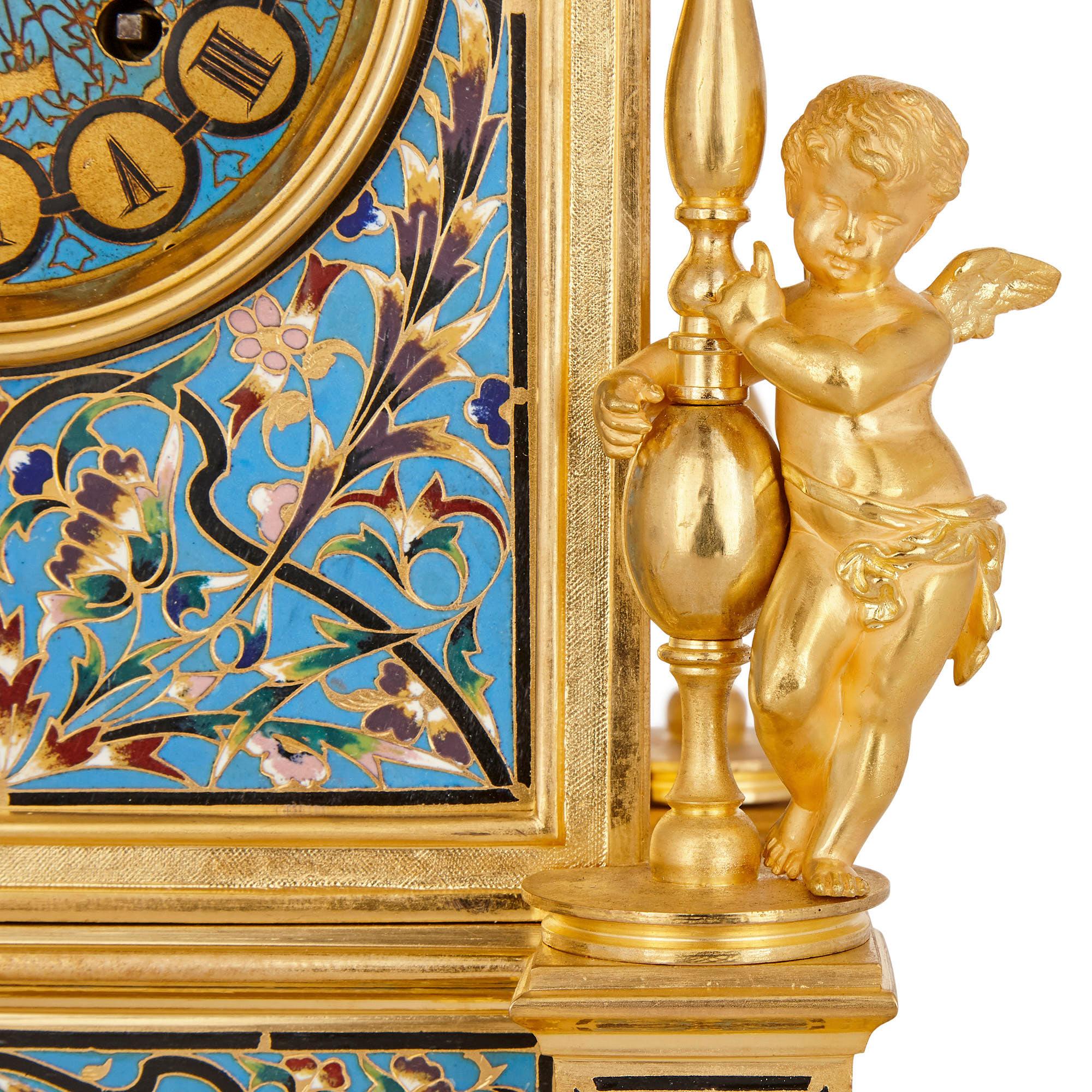 French Renaissance Style Gilt Bronze and Enamel Mantel Clock For Sale