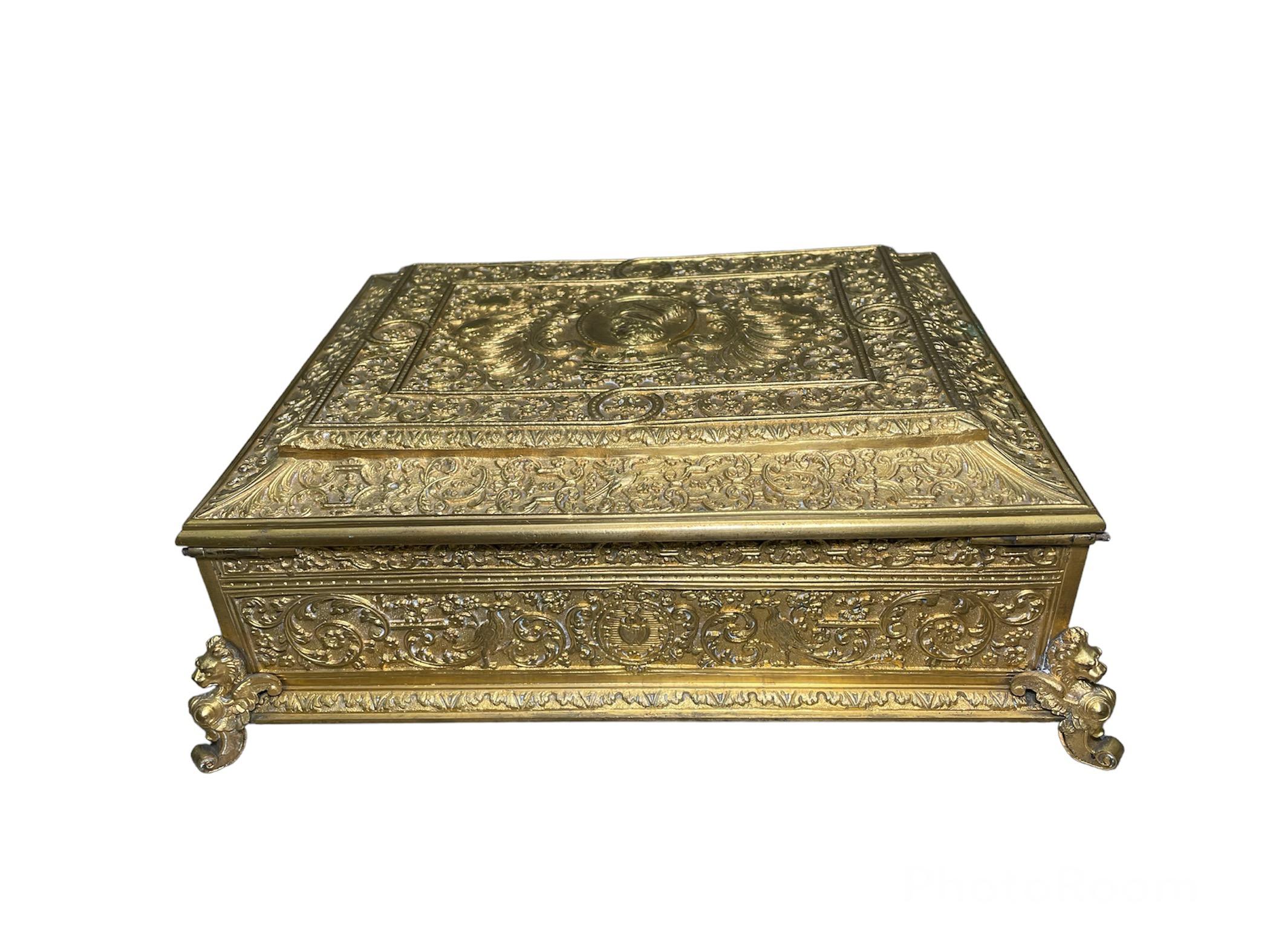 Bronze Renaissance Style Gilt Rectangular Casket , Jewelry, Desk and /or Decorative Box For Sale