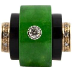 Renaissance Style Jade 0.30 Carat White Diamond Onyx Yellow Gold Cocktail Ring