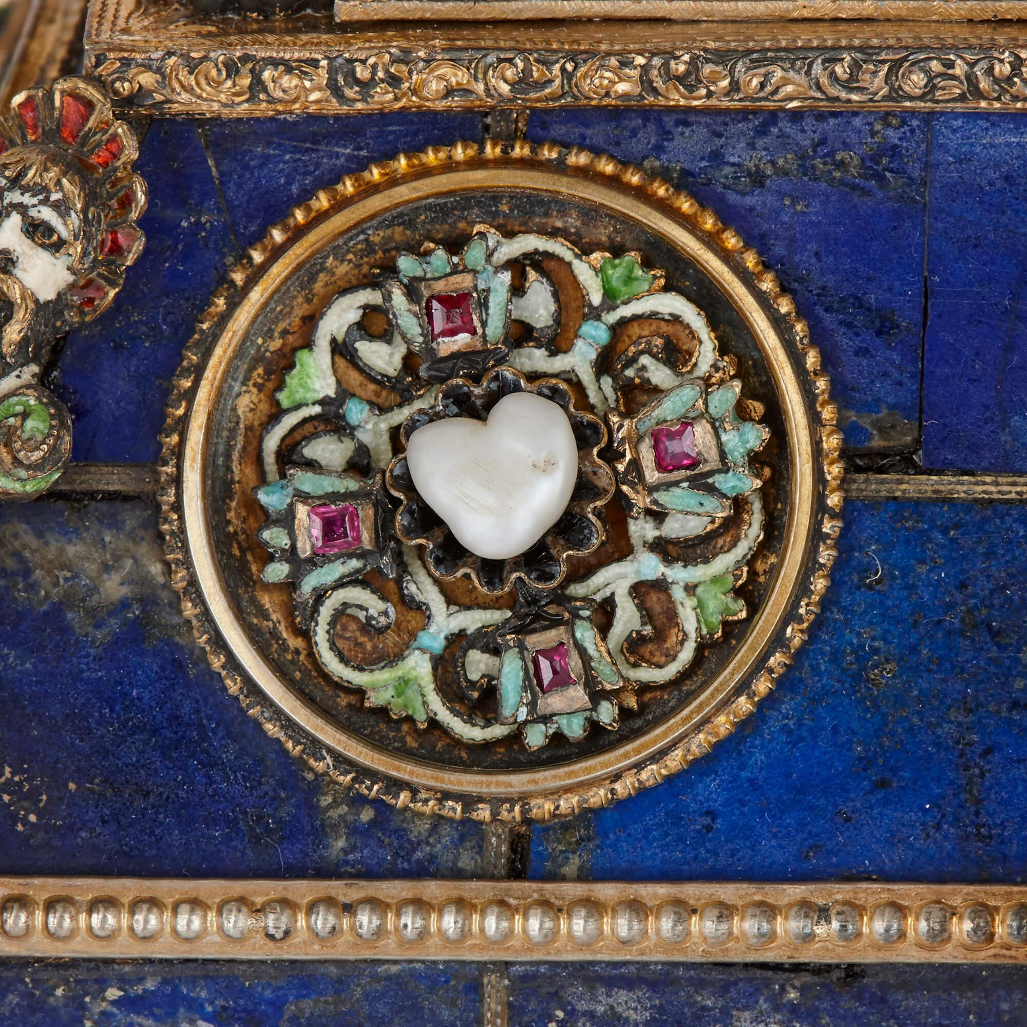Renaissance Style Lapis Lazuli, Viennese Enamel, Silver and Gemstone Casket 5