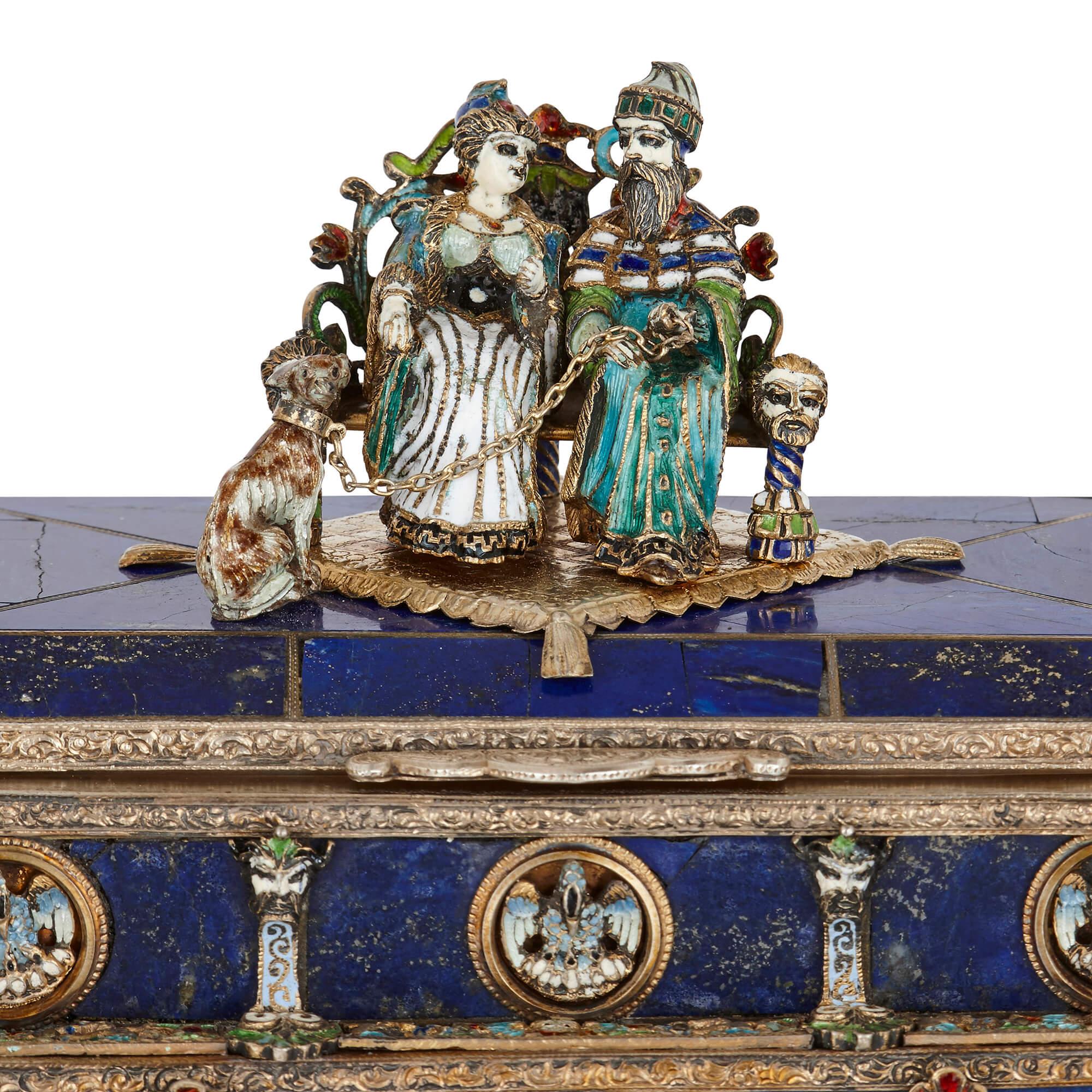19th Century Renaissance Style Lapis Lazuli, Viennese Enamel, Silver and Gemstone Casket
