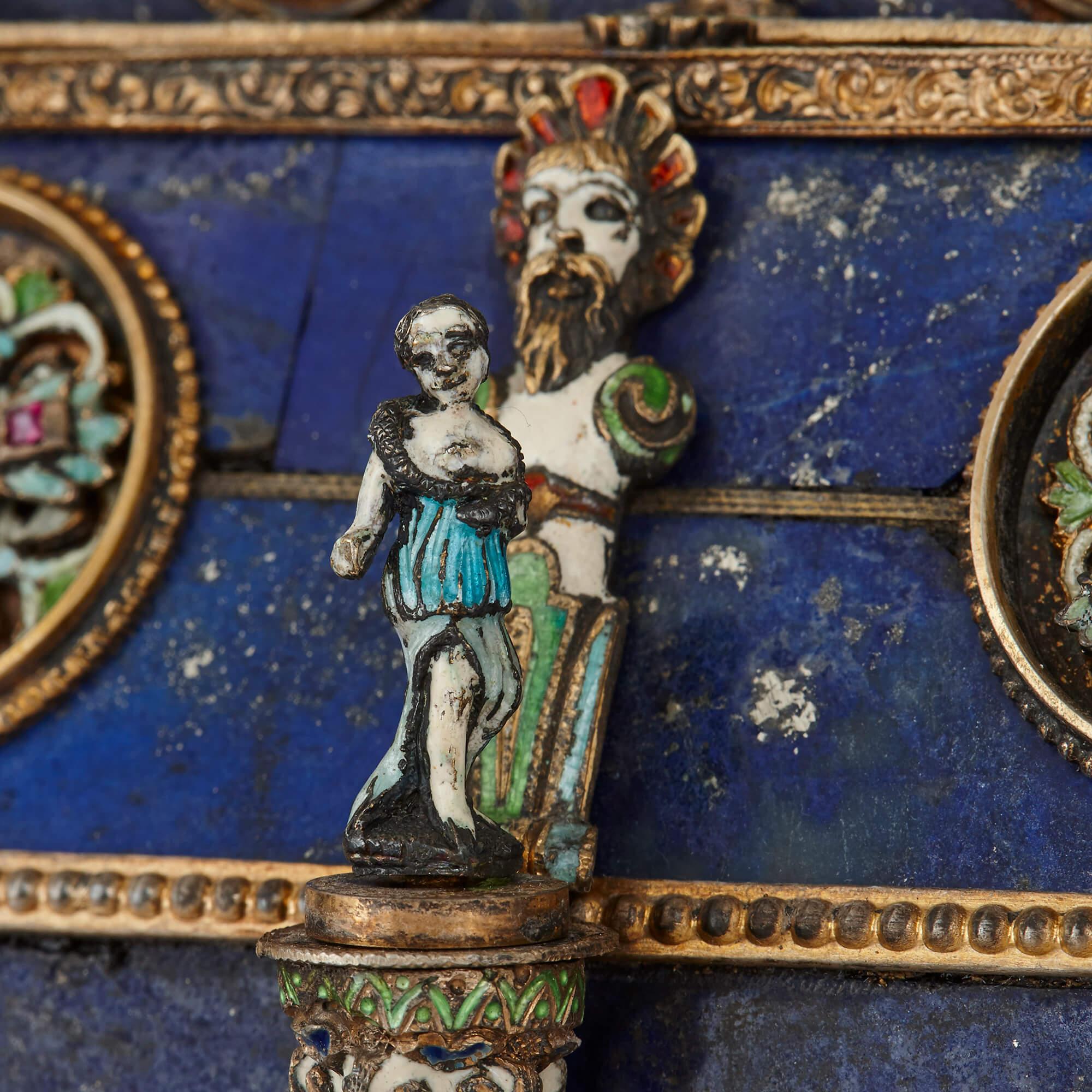 Renaissance Style Lapis Lazuli, Viennese Enamel, Silver and Gemstone Casket 2