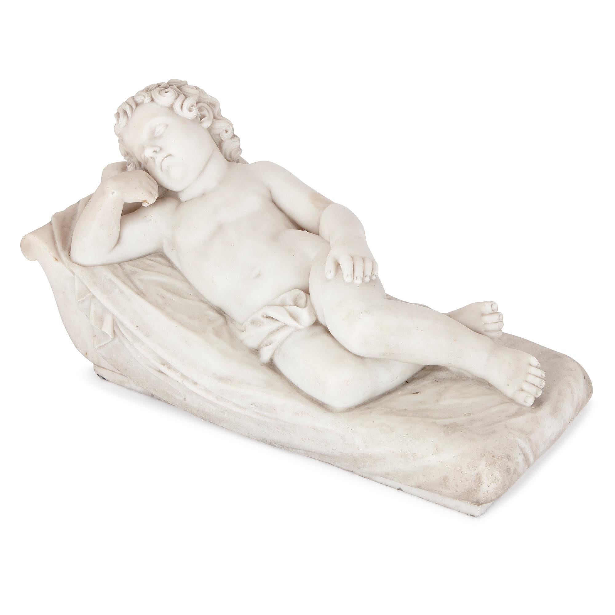 This marble figure of a sleeping child was crafted around 1800 in the style of François Duquesnoy, a sculptor active in Italy in the early 17th Century. Duquesnoy’s bas-relief work at the Villa Doria Pamphili in Rome is often credited with