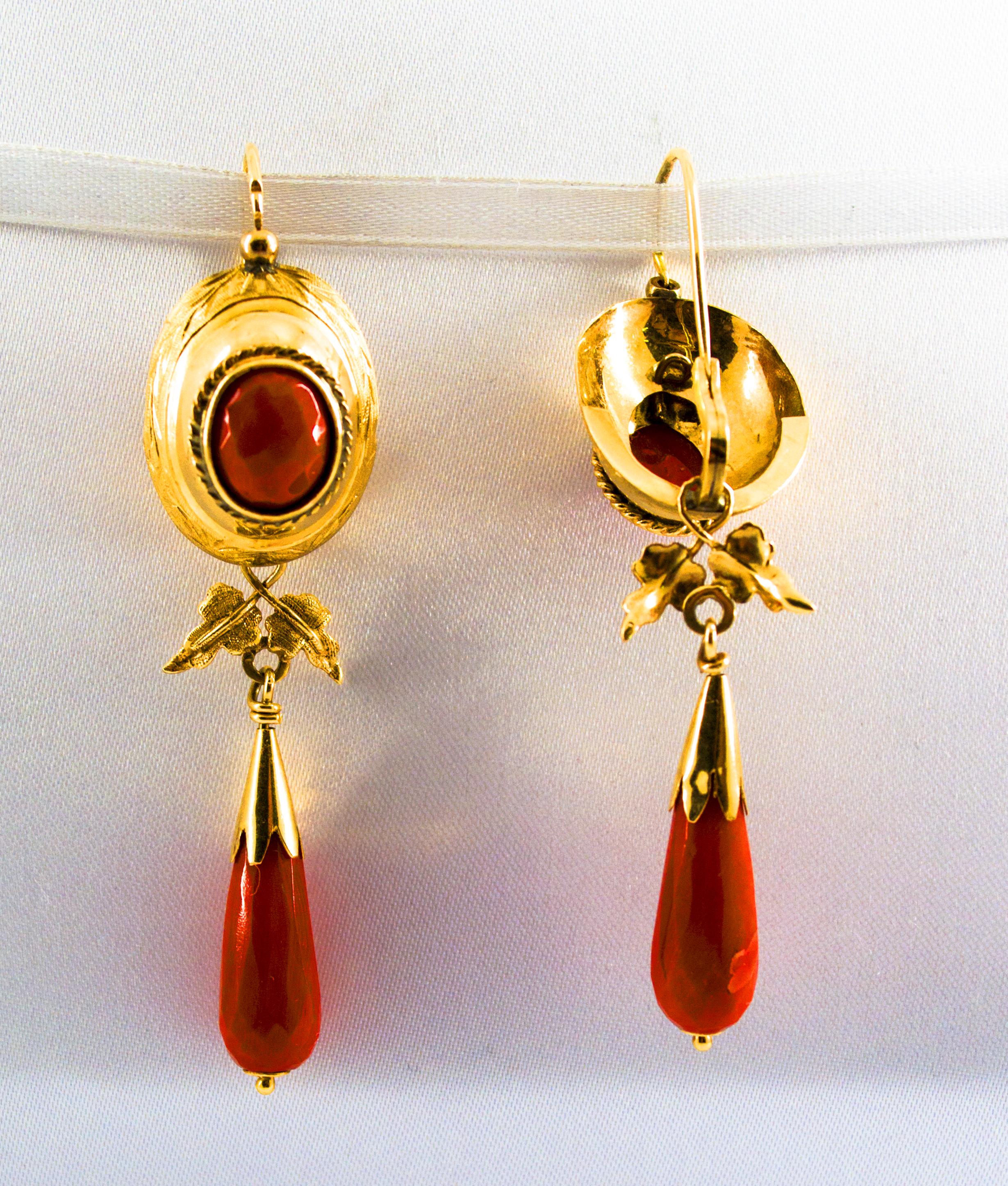 Women's or Men's Renaissance Style Mediterranean Red Coral Yellow Gold Lever-Back Earrings