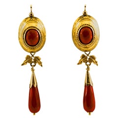 Renaissance Style Mediterranean Red Coral Yellow Gold Lever-Back Earrings