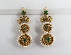Renaissance Style Micro Pearls 1.00 Carat Emerald Yellow Gold Drop Stud Earrings