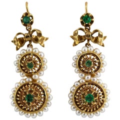 Renaissance Style Micro Pearls 1.00 Carat Emerald Yellow Gold Drop Stud Earrings