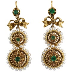 Renaissance Style Micro Pearls 1.00 Carat Emerald Yellow Gold Drop Stud Earrings
