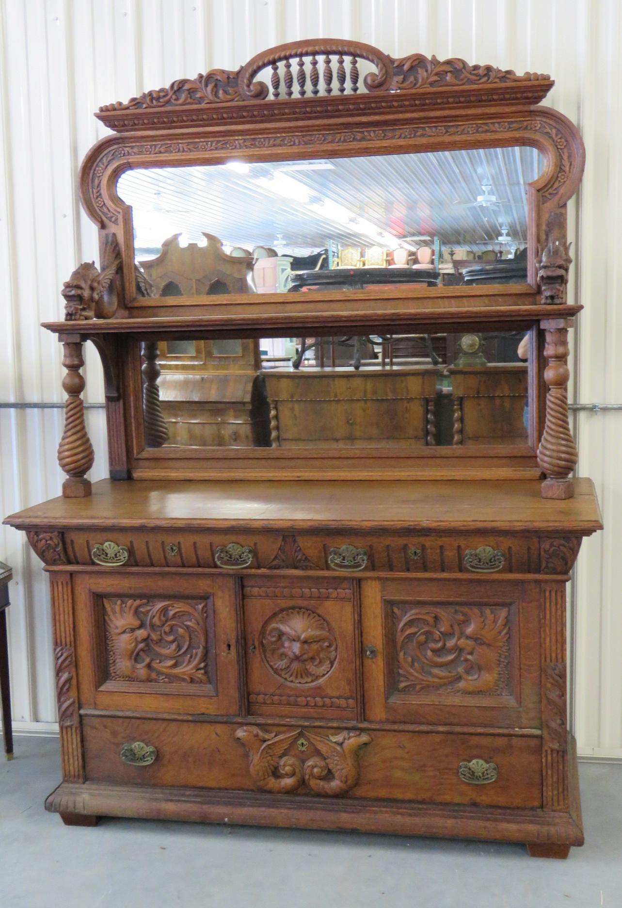 Renaissance Style Oak Griffin Sideboard with Superstructure In Good Condition In Swedesboro, NJ