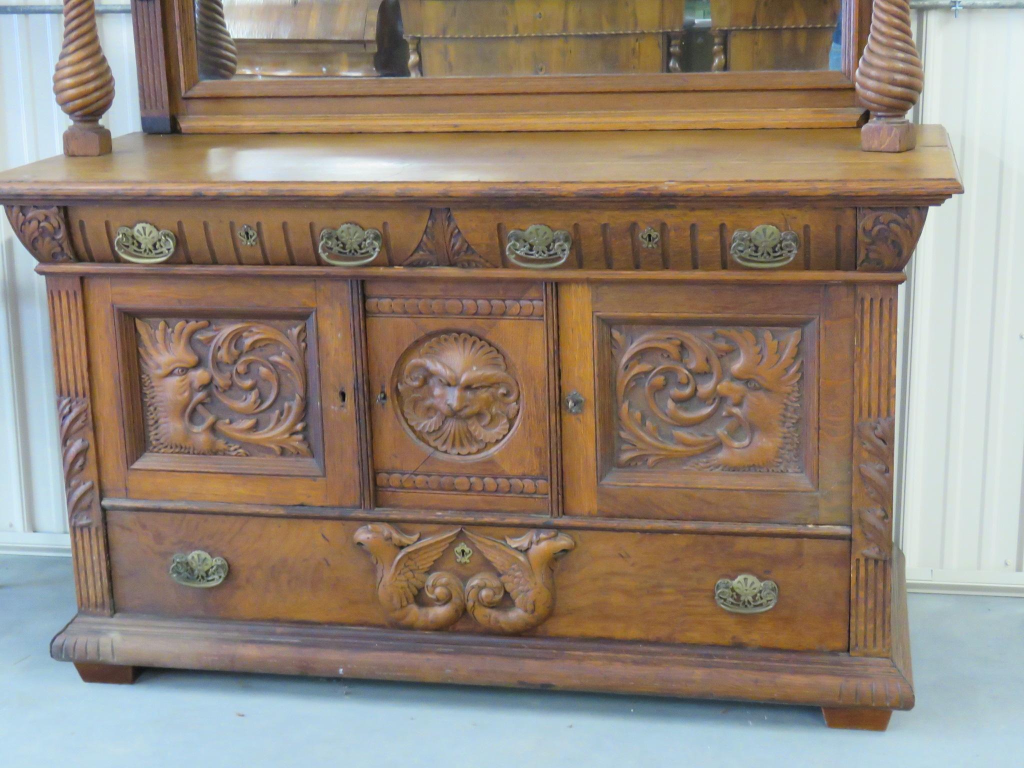 20th Century Renaissance Style Oak Griffin Sideboard with Superstructure