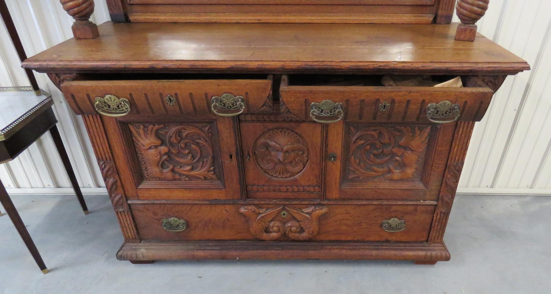 Renaissance Style Oak Griffin Sideboard with Superstructure 3