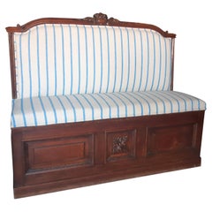 Renaissance Style Oak Trunk Bench Striped Fabric french antiquity