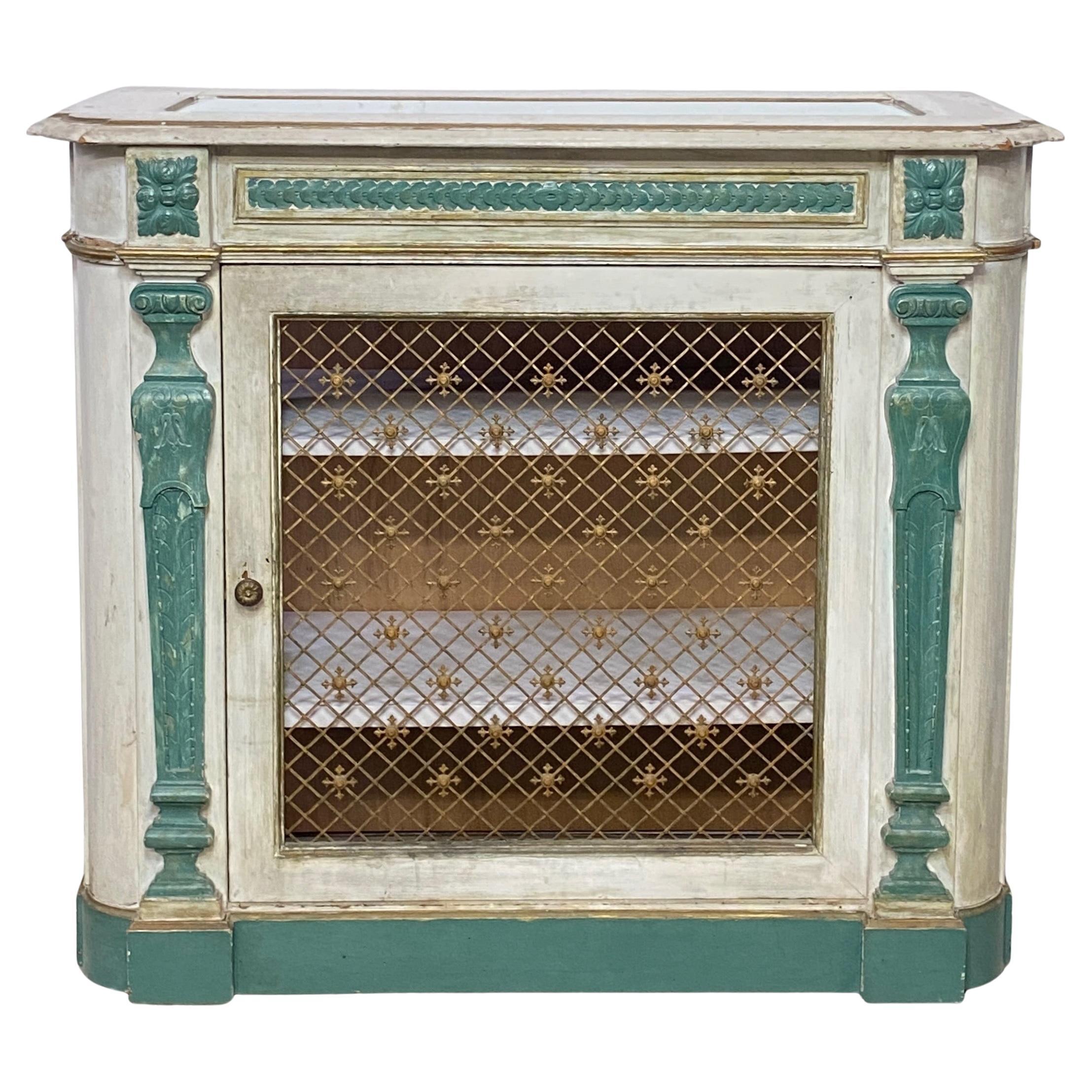 Renaissance Style Painted Cabinet with Metal Lattice Work  For Sale