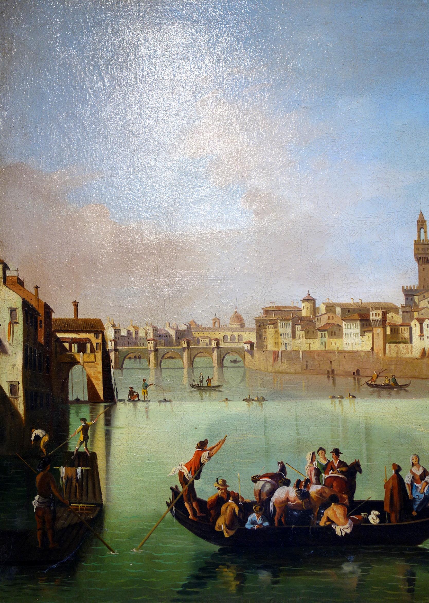 Late 19th century figural tempera painting on canvas. Nice architectural perspective along the Arno River in Florence, with gondolier patrons, the Ponte Vecchio, and Il Duomo rising from the distance. Soft greens and blues enliven the neutral