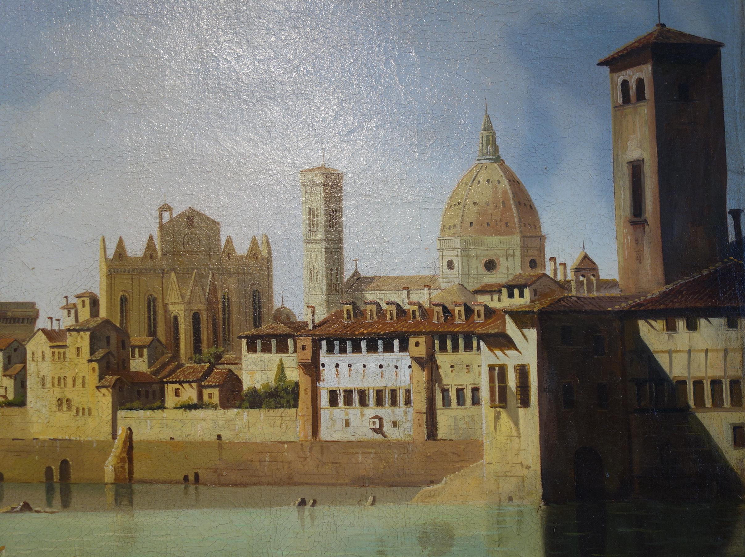 19th Century Renaissance Style Painting Ponte Vecchio Palazzo Vecchio e Duomo In Good Condition In Encinitas, CA