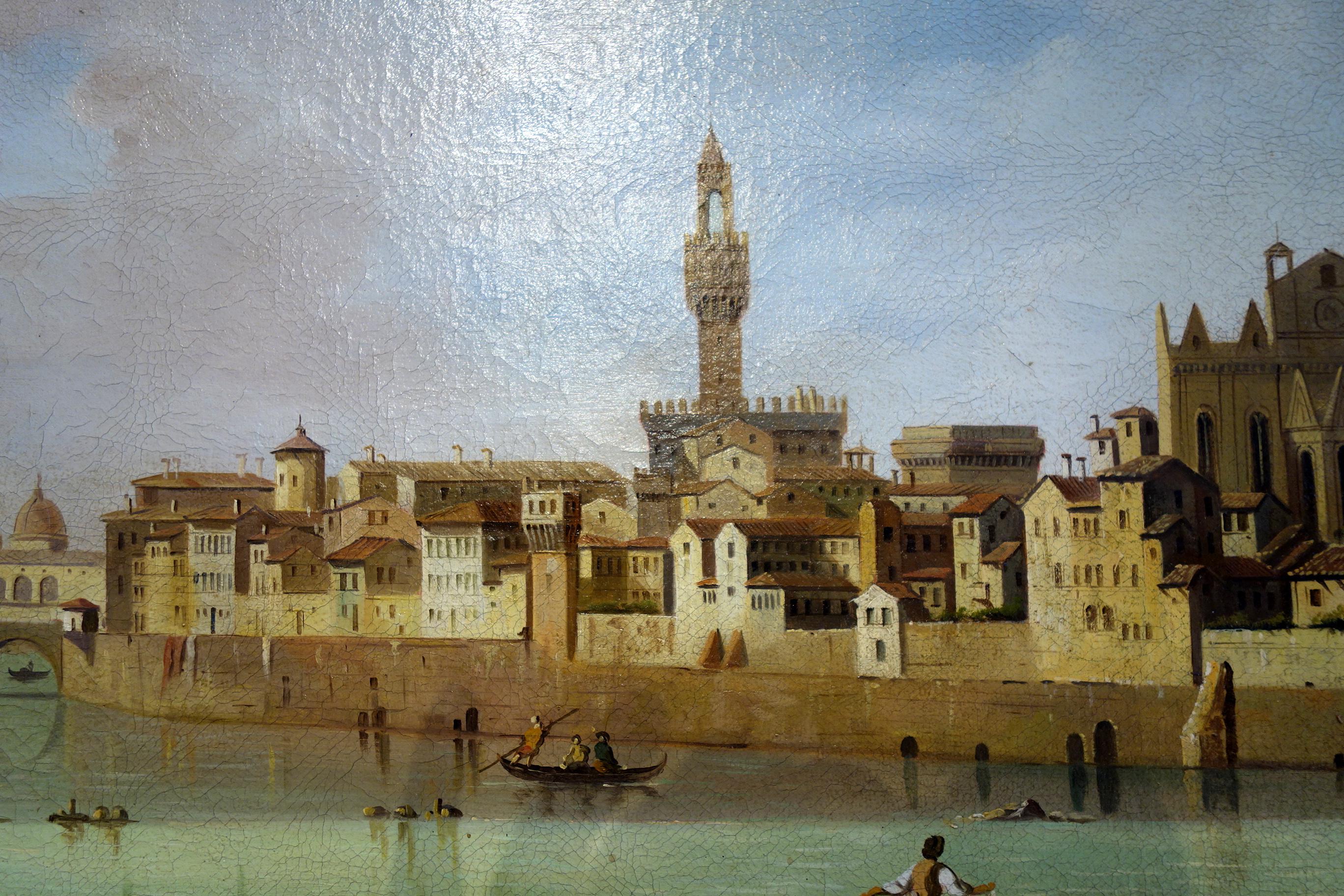 Canvas 19th Century Renaissance Style Painting Ponte Vecchio Palazzo Vecchio e Duomo