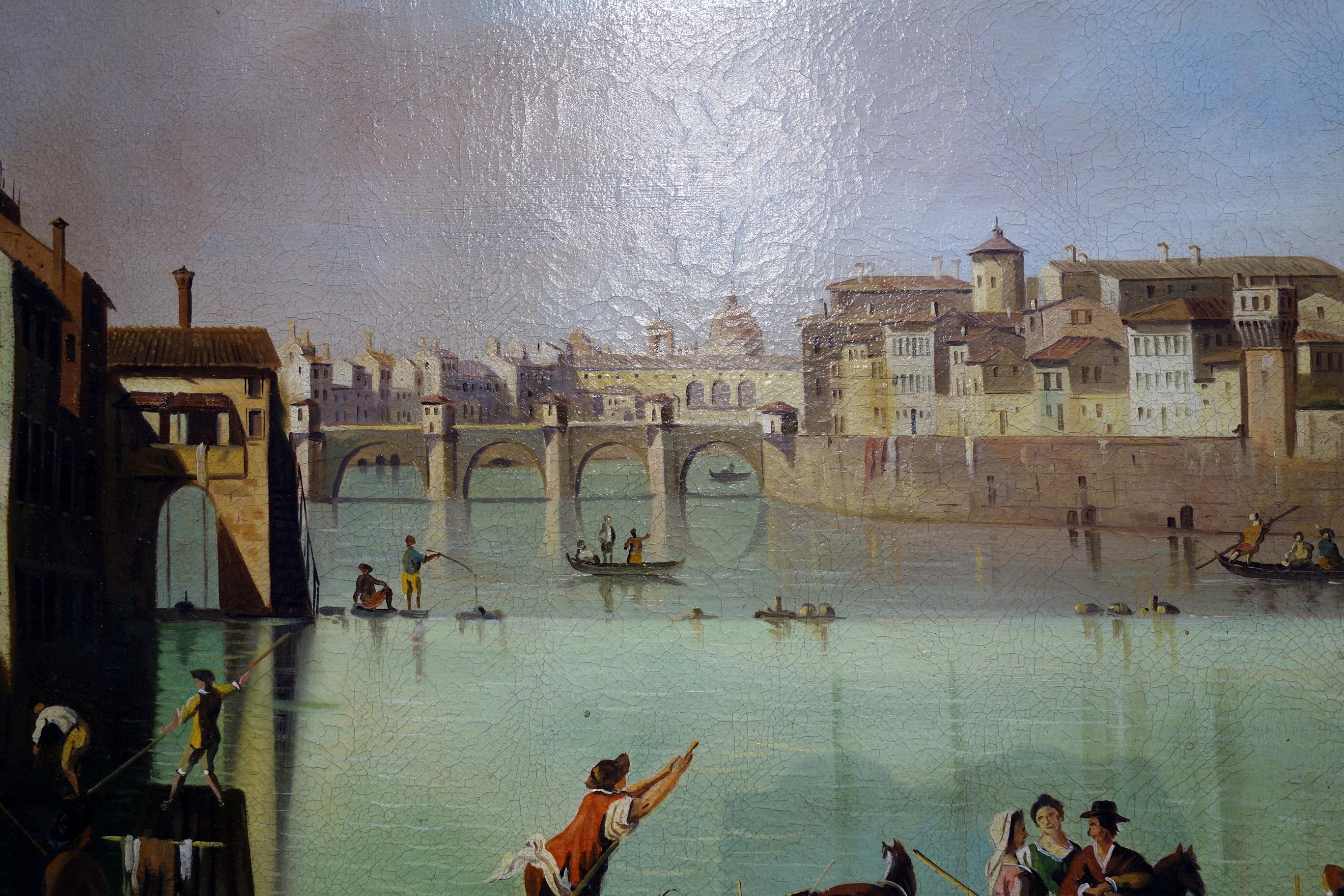 19th Century Renaissance Style Painting Ponte Vecchio Palazzo Vecchio e Duomo 1
