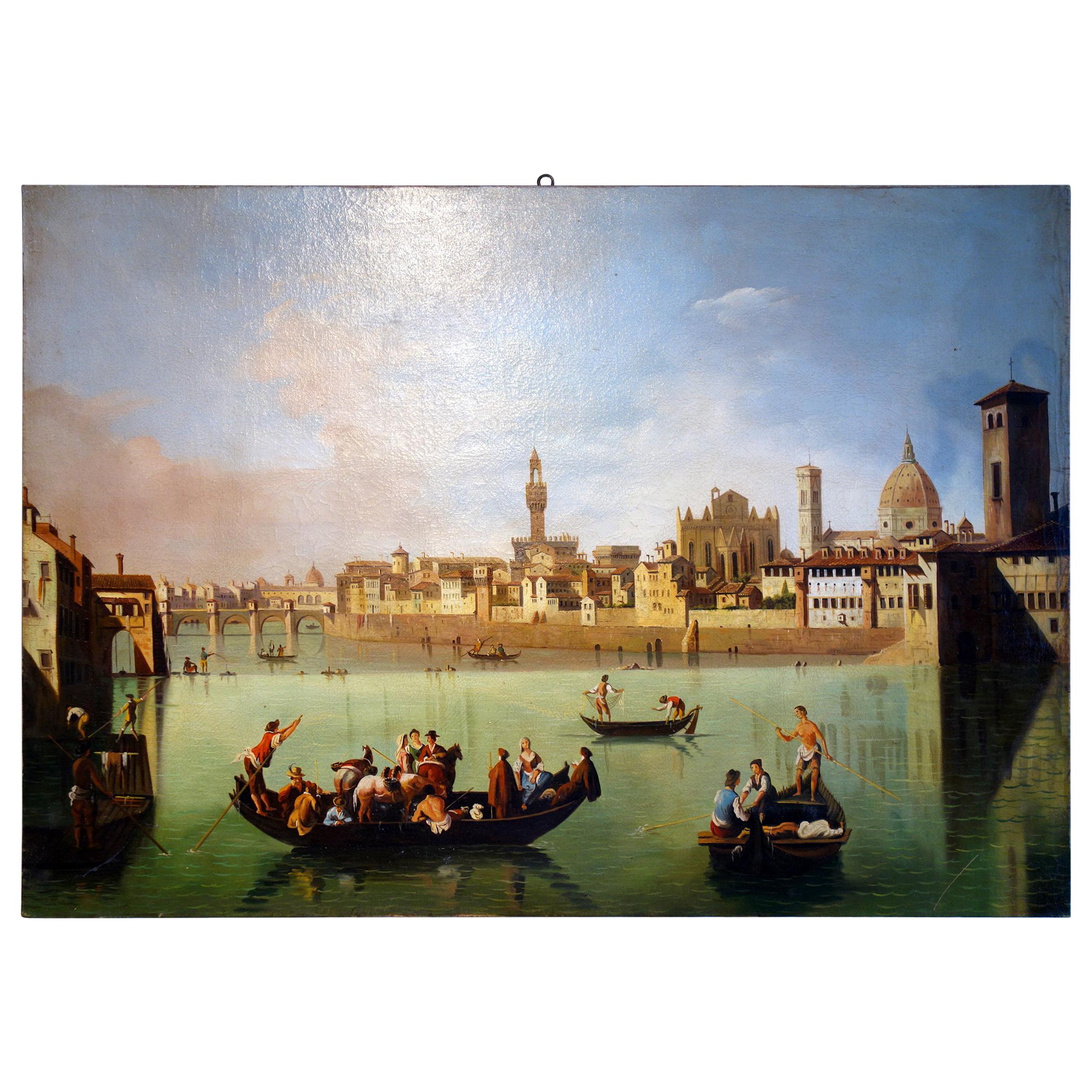 19th Century Renaissance Style Painting Ponte Vecchio Palazzo Vecchio e Duomo