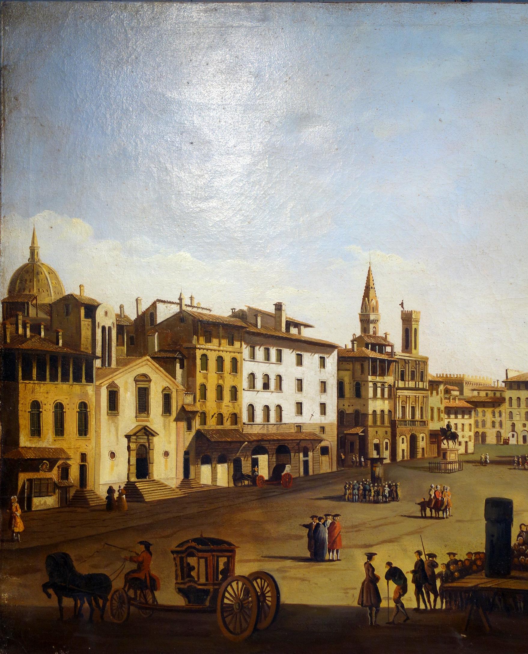 Late 19th century figural tempera painting on canvas. Nice architectural perspective of the Piazza della Signoria in Florence (Court of Fine Ladies & Gentlemen only, in the day) and Palazzo Vecchio (Galleries), with Santa Maria del Fiore and Il