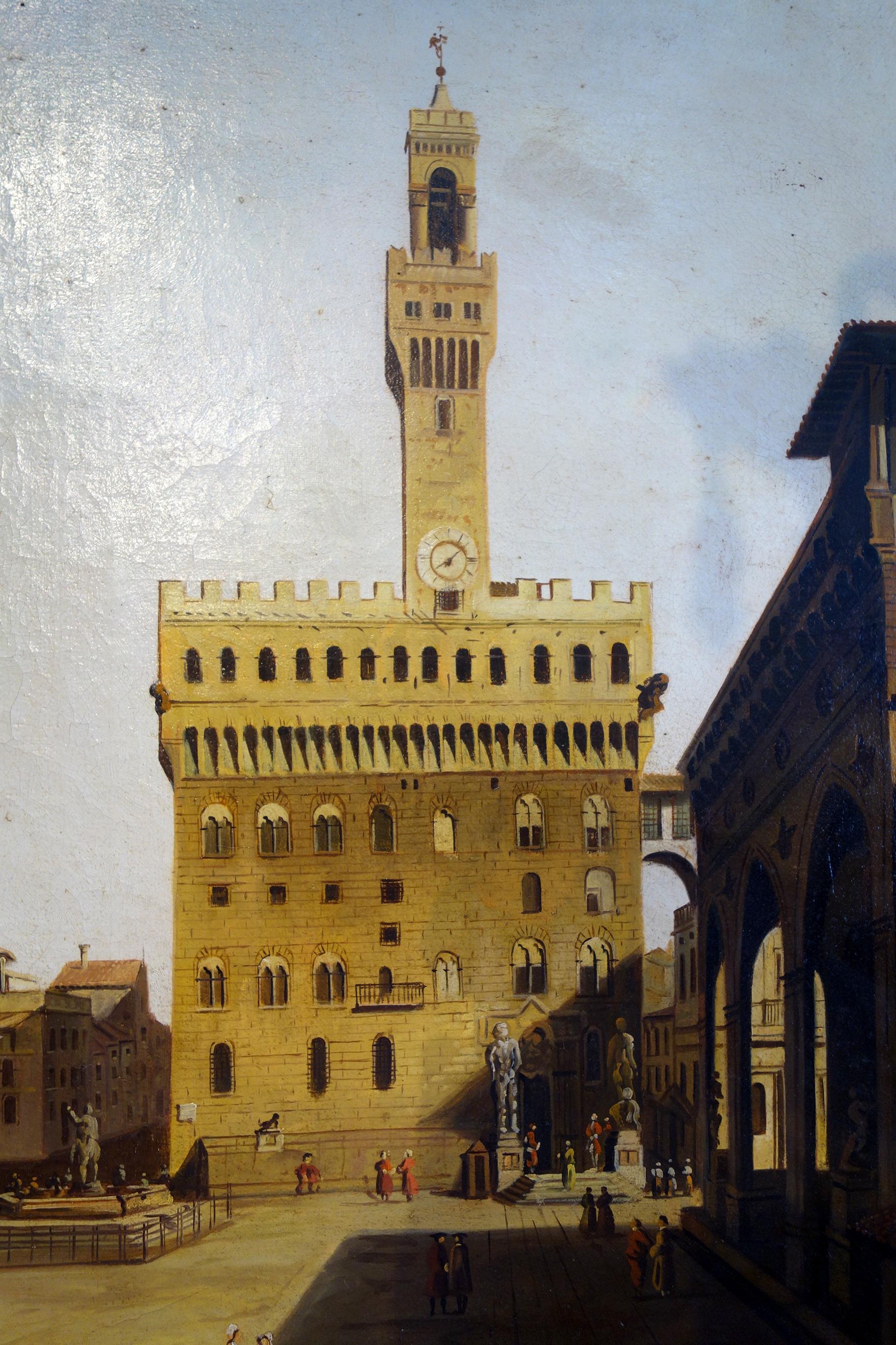 Hand-Painted Renaissance Style Painting of Piazza Della Signoria, Palazzo Vecchio, Florence