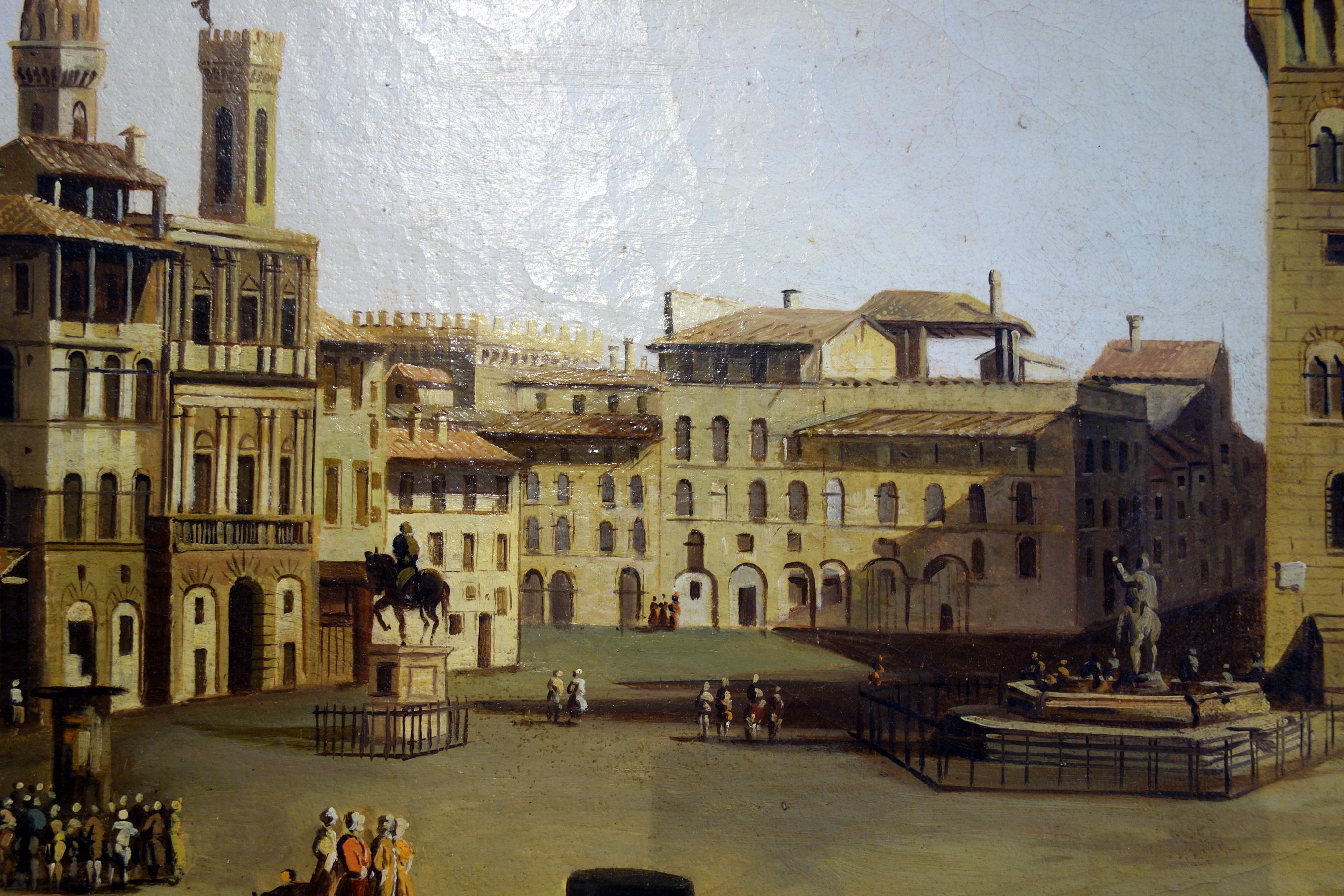 Renaissance Style Painting of Piazza Della Signoria, Palazzo Vecchio, Florence In Good Condition In Encinitas, CA