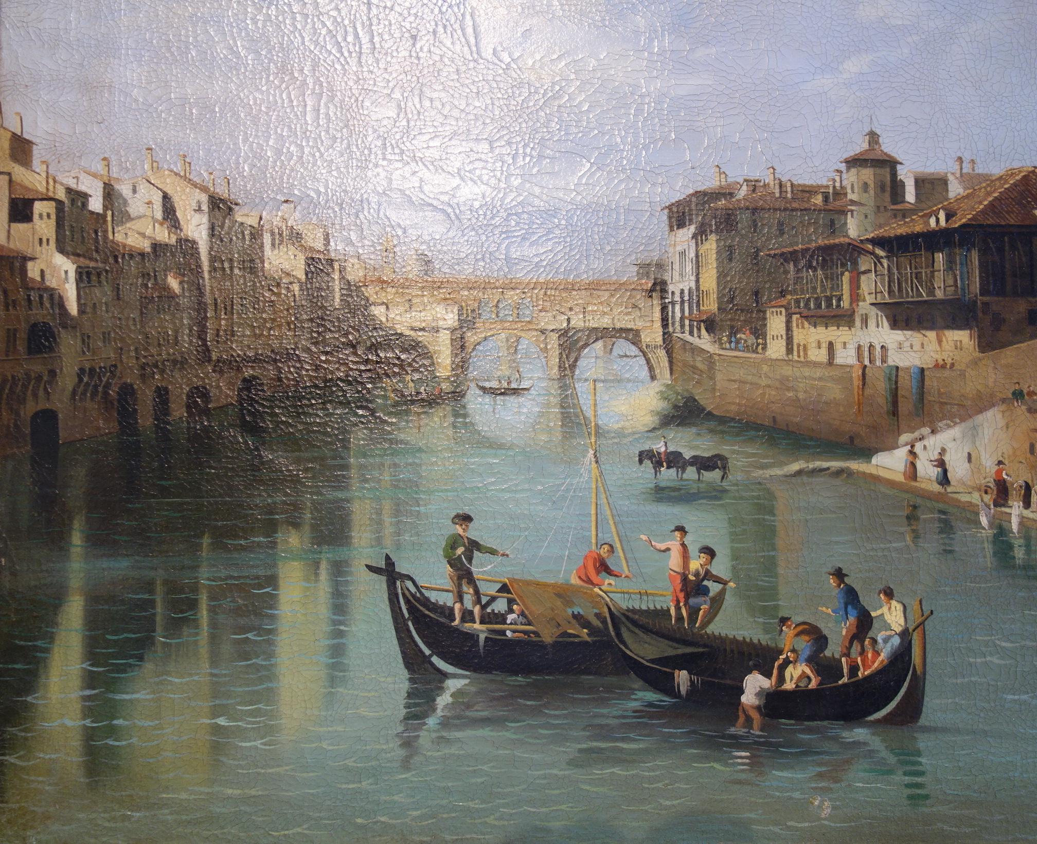 Late 19th Century figural tempera painting on canvas. Nice architectural perspective along the Arno River in Florence, with gondolier patrons, the Ponte Vecchio, Santa Maria del Fiore, and The Duomo rising from the distance. Soft greens and blues