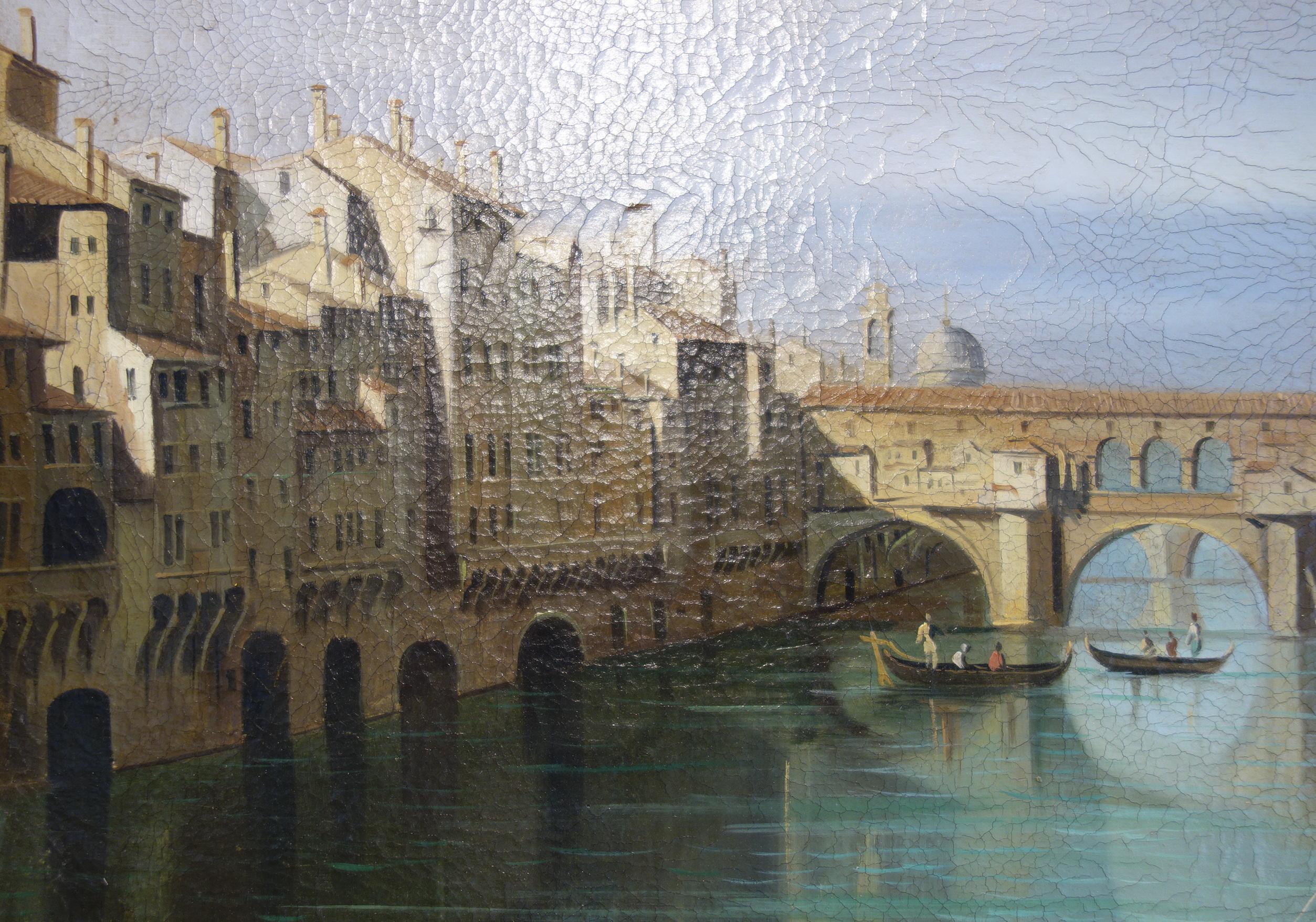 Italian 19th Century Renaissance Style Painting of Ponte Vecchio, Florence 1 of 3 in Set