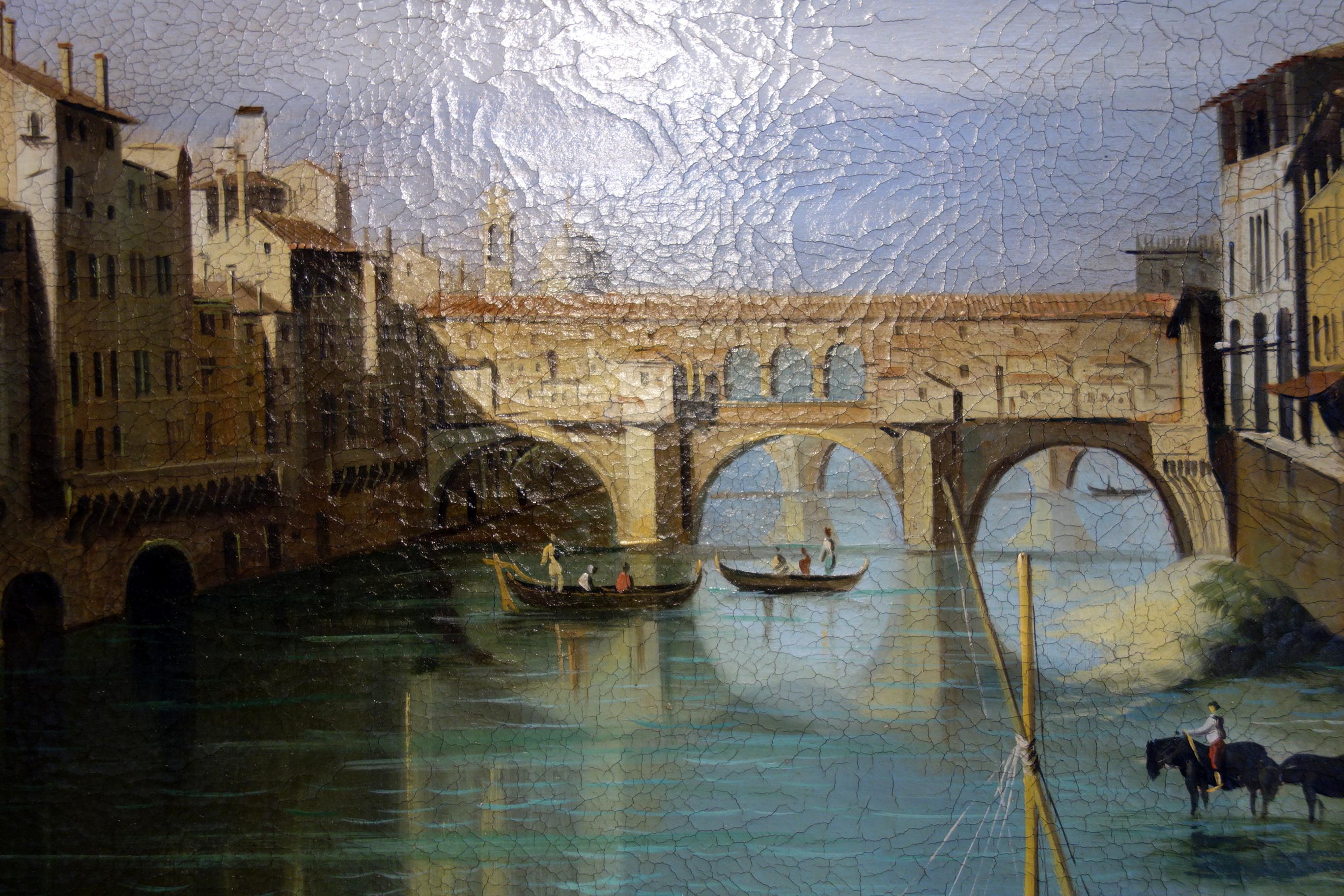 Hand-Painted 19th Century Renaissance Style Painting of Ponte Vecchio, Florence 1 of 3 in Set