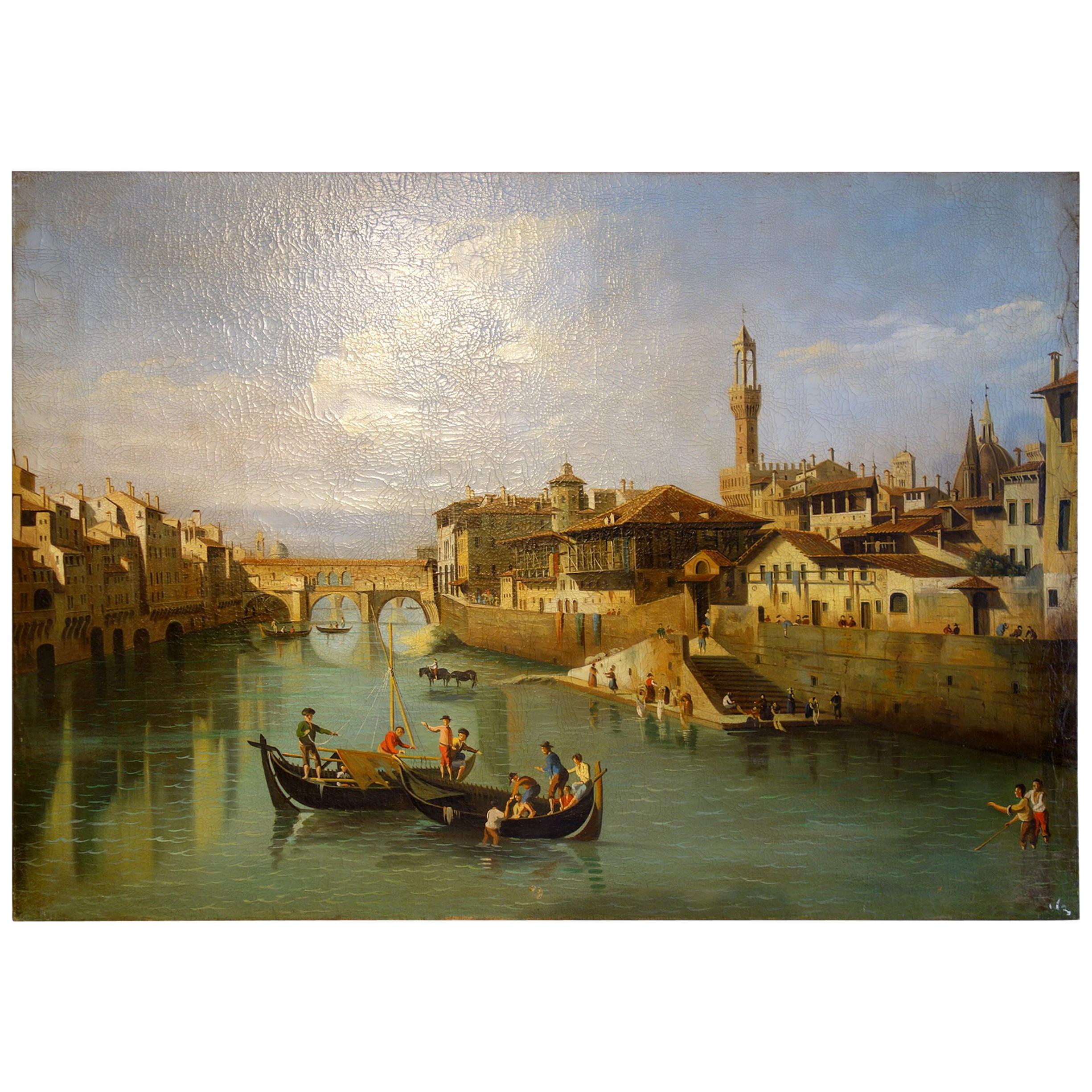19th Century Renaissance Style Painting of Ponte Vecchio, Florence 1 of 3 in Set