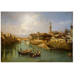 19th Century Renaissance Style Painting of Ponte Vecchio, Florence 1 of 3 in Set